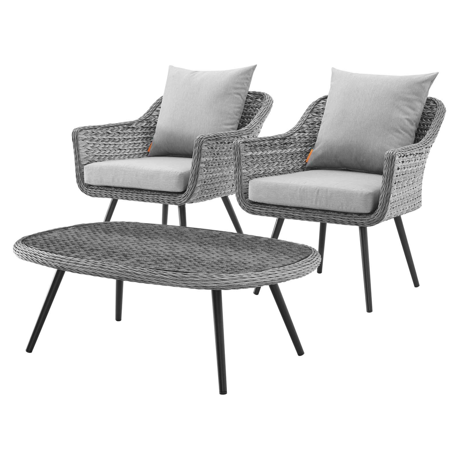 Modern Outdoor Patio Lounge Chair and Coffee Table Set - Aluminum Frame with Gray Wicker Rattan Fabric, Perfect for Backyard, Poolside, and Garden Relaxation