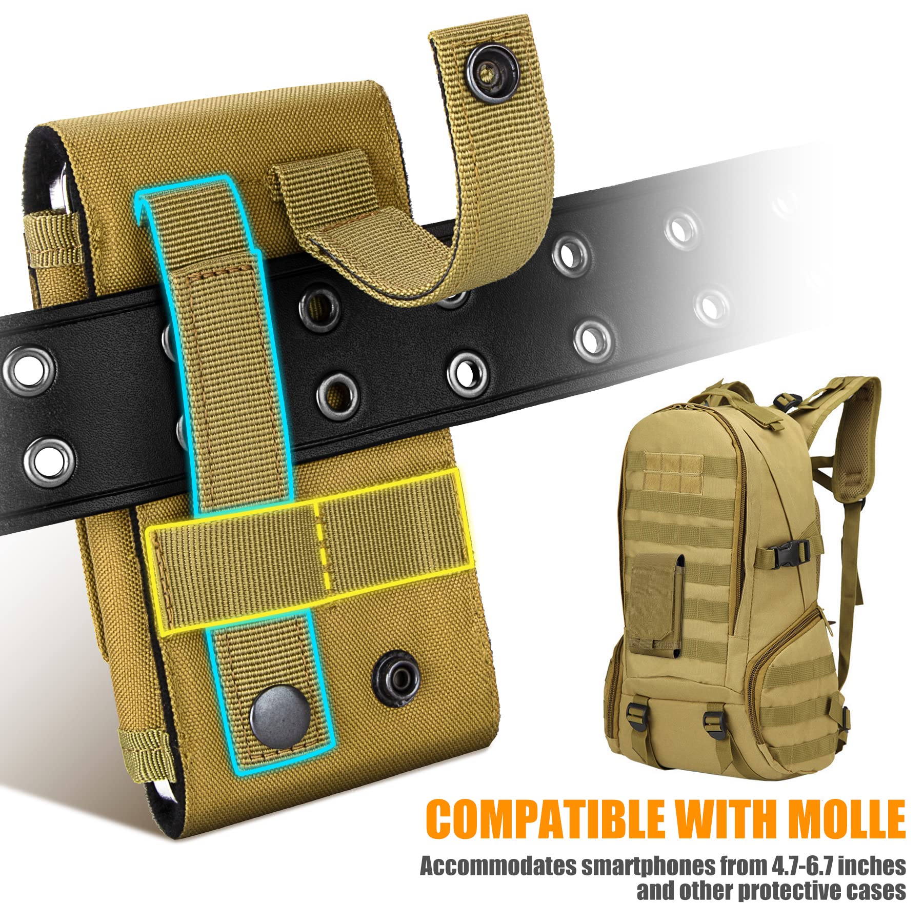 Tactical MOLLE Phone Pouch for iPhone 15 Pro Max/15 Pro/14 Plus/14 Pro/13/12/11 - Heavy Duty Belt Holster Case with Hook & Loop Patch Panel - Perfect for Outdoor Adventures, Hiking & Military Use (Khaki)