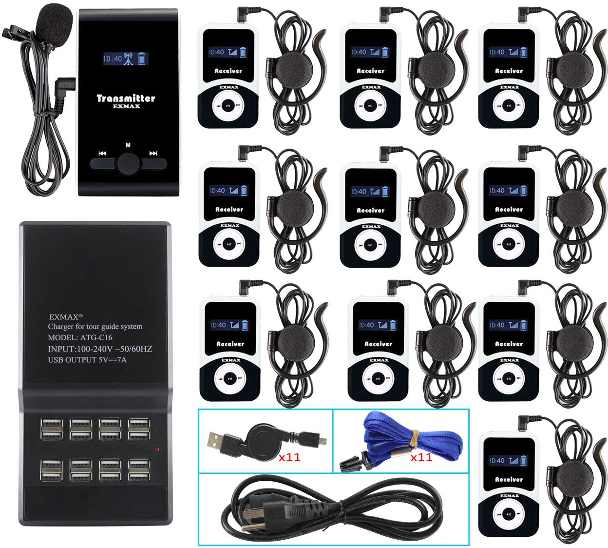 EXMAX® ATG-100T Wireless Tour Guide System - 195-230MHz Voice Transmission with 1 Transmitter & 10 Receivers - Includes Charging Base for Church, Translation, Silent Conference, Travel & Training - Ideal for Group Tours, Museum Guides, and Educational Presentations
