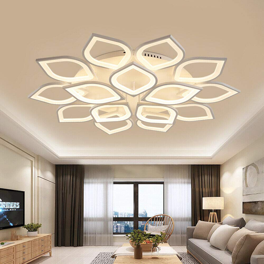 TFCFL 15-Head LED Ceiling Light - Modern Petal Semi-Flush Mount Chandelier with Acrylic Shade & White Metal Canopy (160W, Warm White) - Perfect for Living Room, Bedroom, Restaurant Lighting