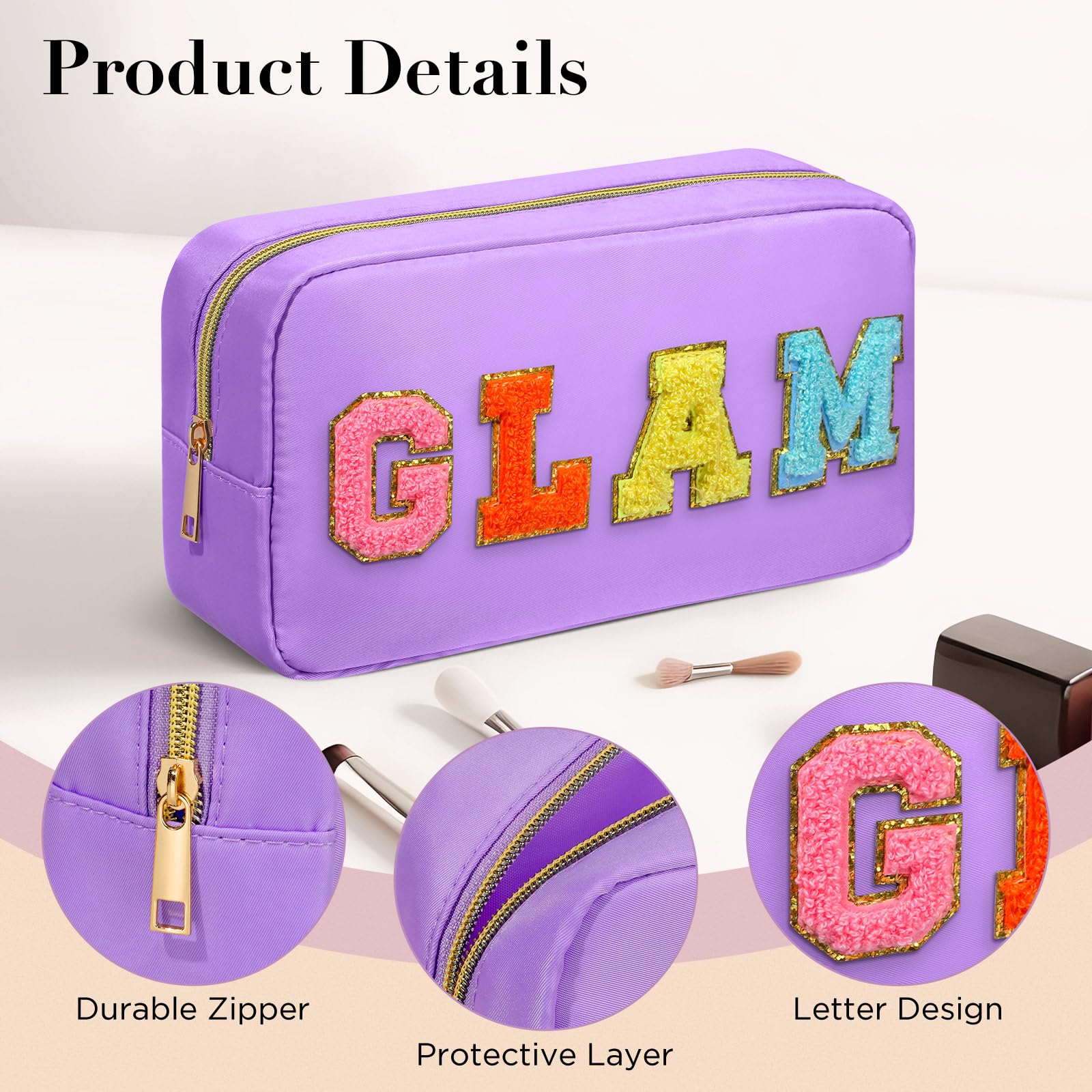 GLAM Chenille Letter Makeup Bag with Zipper - Large Capacity Waterproof Cosmetic Pouch for Women & Teens | Perfect for Travel, Gym & Daily Organization (Purple GLAM)
