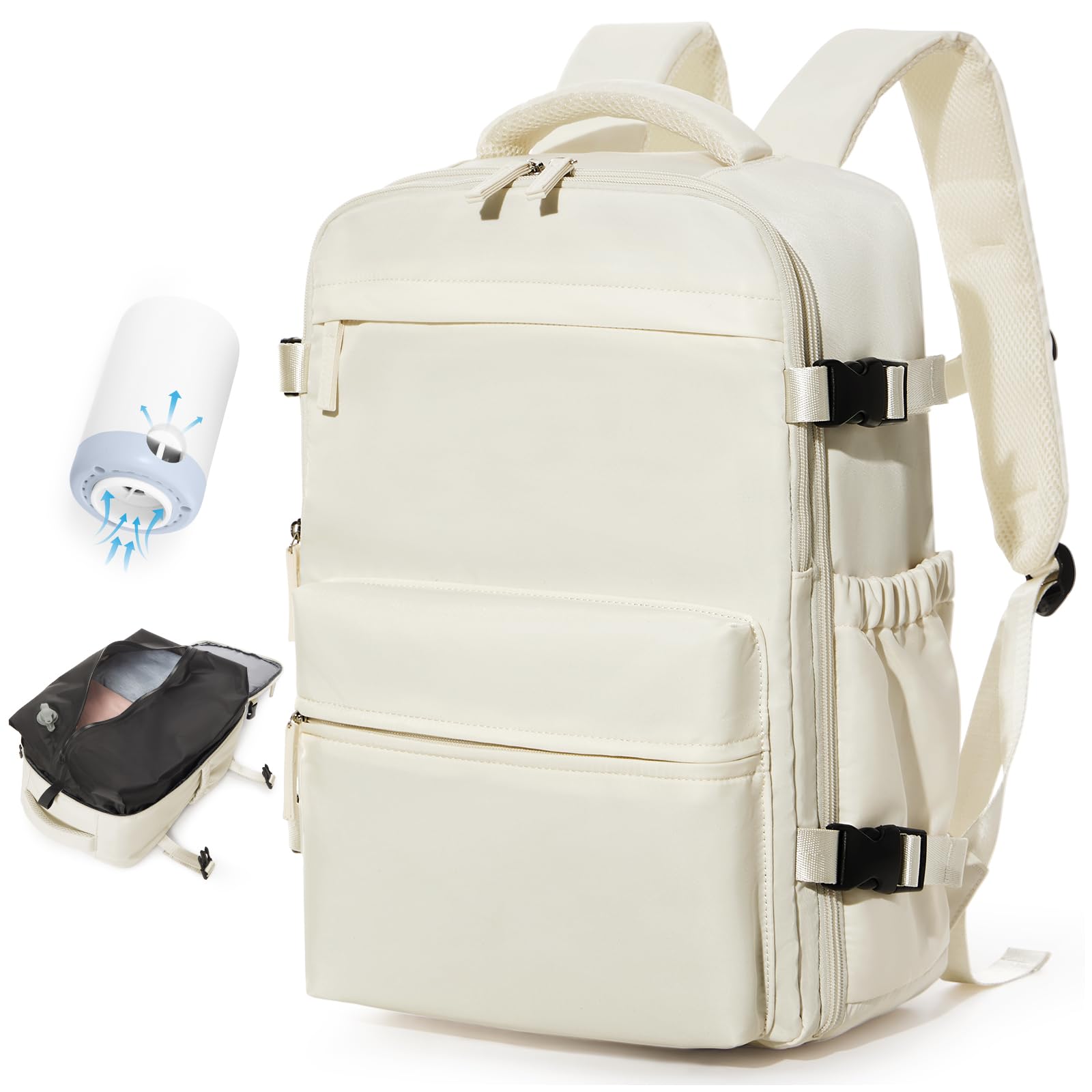 BOXSAM Large Vacuum Travel Backpack with Pump - 18x14x8 Inch Flight Approved Carry-On Backpack for Women & Men, Waterproof Laptop Daypack with Compression Bags - Perfect for Air Travel, Work Commute & Casual Outings (Beige)