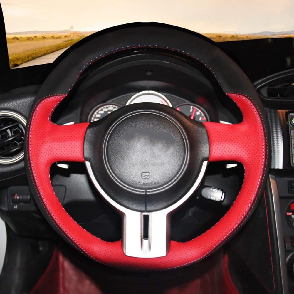 Premium Black Suede & Red Genuine Leather Steering Wheel Cover for 2013-2016 Scion FR-S, Subaru BRZ, Toyota 86 - Custom Fit, Anti-Slip Grip, Enhanced Driving Comfort for Sports Cars