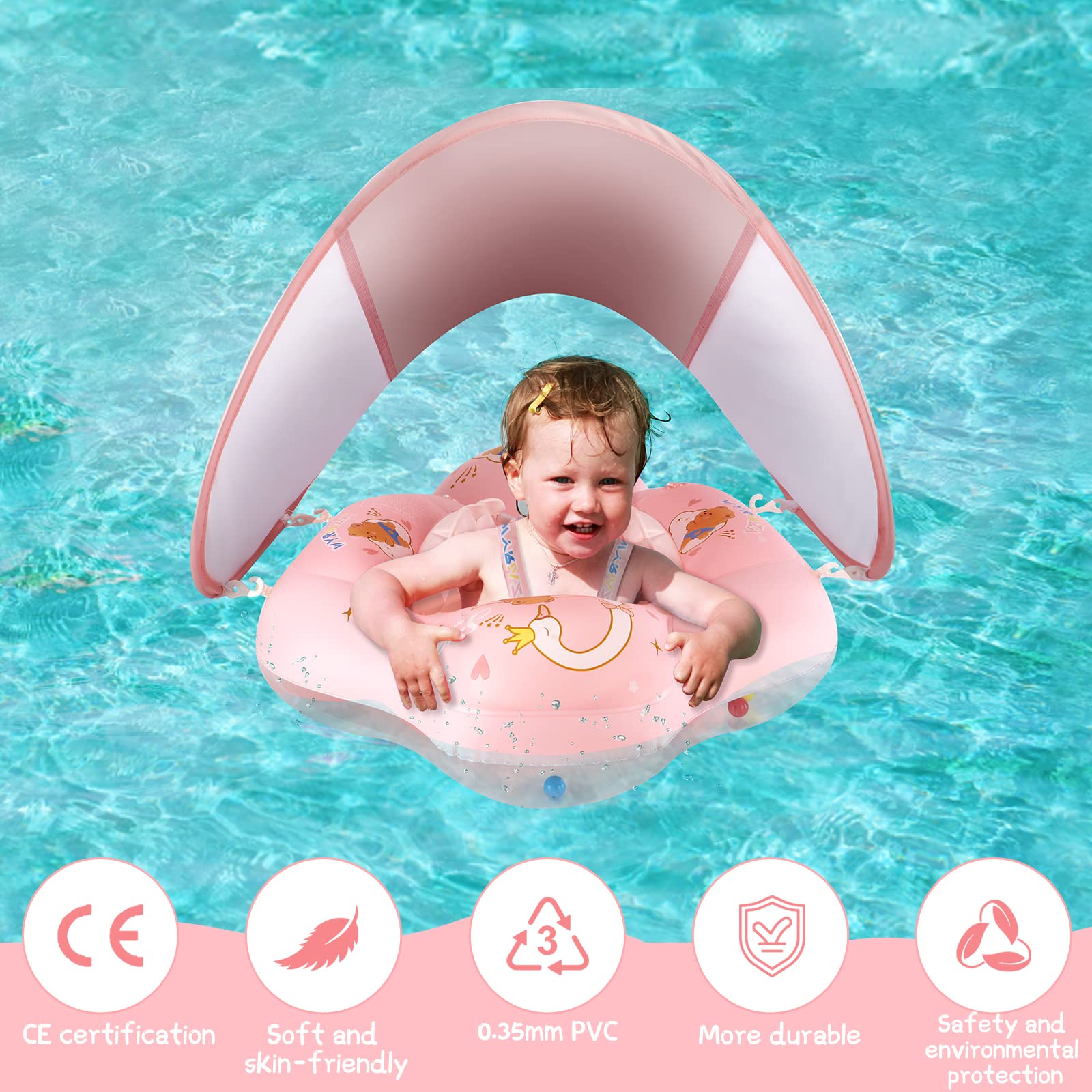 **UPF50+ Baby Pool Float with Sun Canopy - Inflatable Infant Swim Float for Newborns & Toddlers 6-36 Months, Includes Balance Ball - Perfect for Backyard Pools, Beach & Summer Water Play**