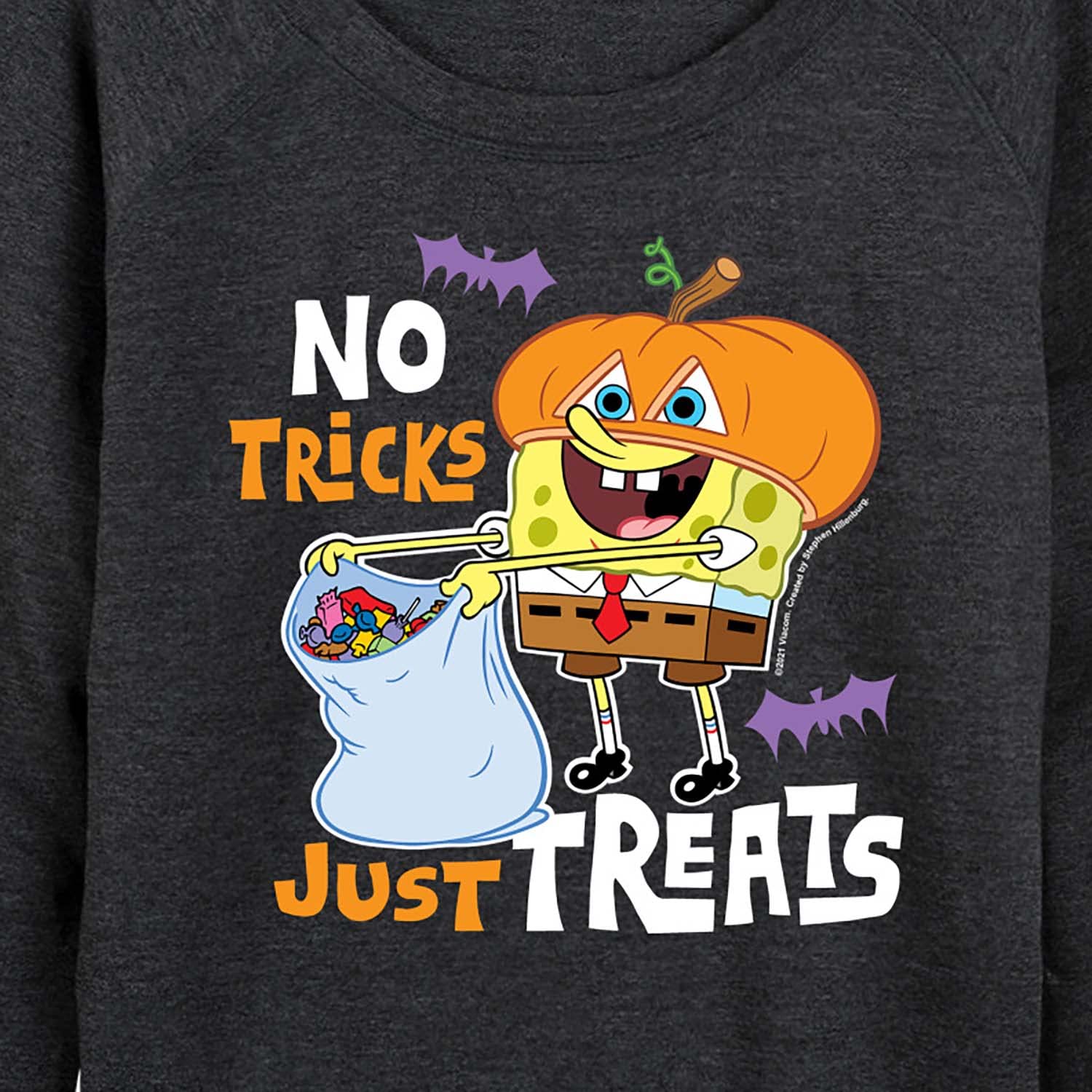 HYBRID APPAREL SpongeBob SquarePants No Tricks Just Treats Women's Lightweight French Terry Pullover Hoodie | Cartoon Character Sweatshirt for Halloween, Cosplay & Casual Wear