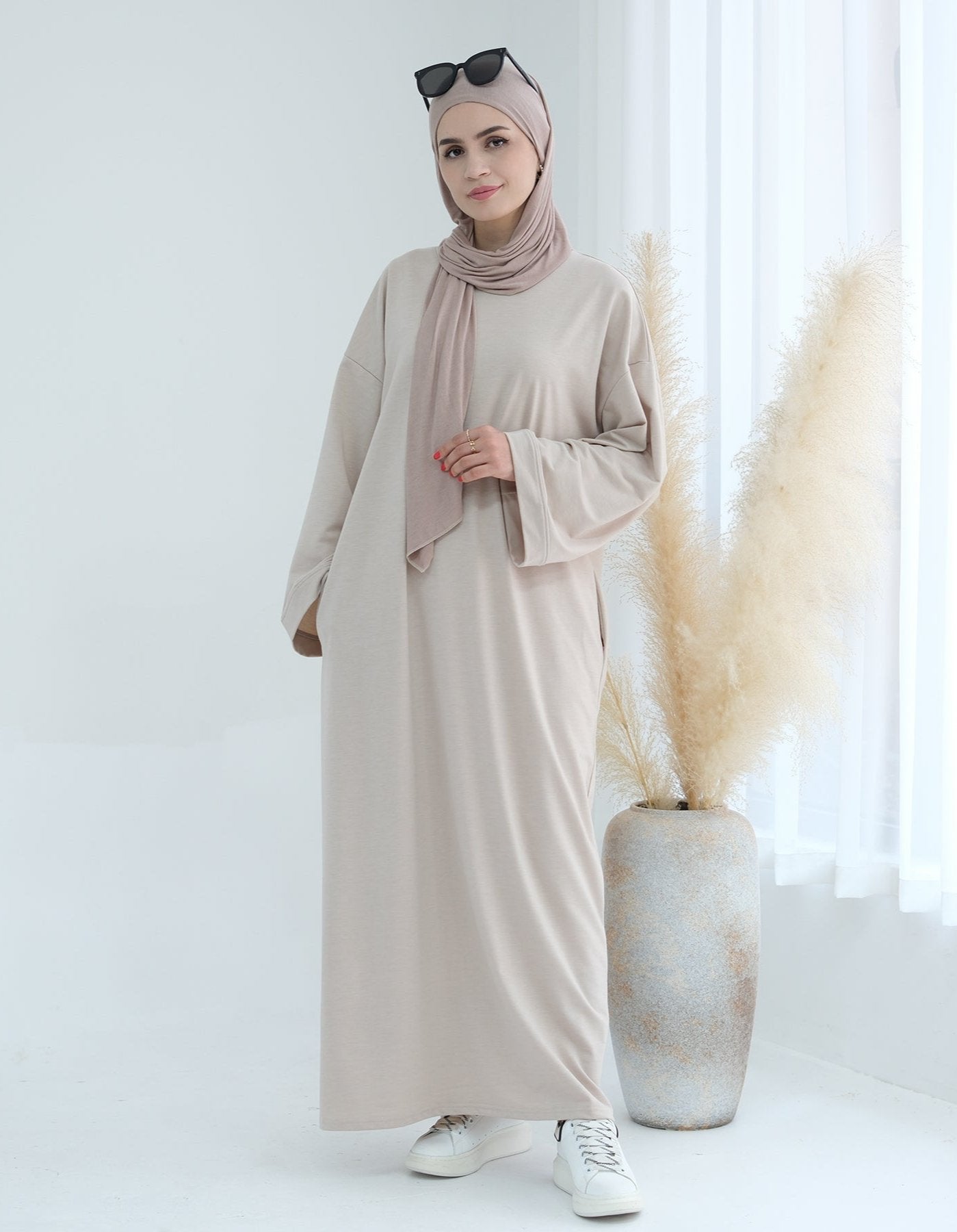 Ava Knit Maxi Dress for Women - Elegant Beige Long Sleeve Flowy Dress for Casual, Party & Wedding Guest Outfits | Perfect for Fall, Winter & Special Occasions