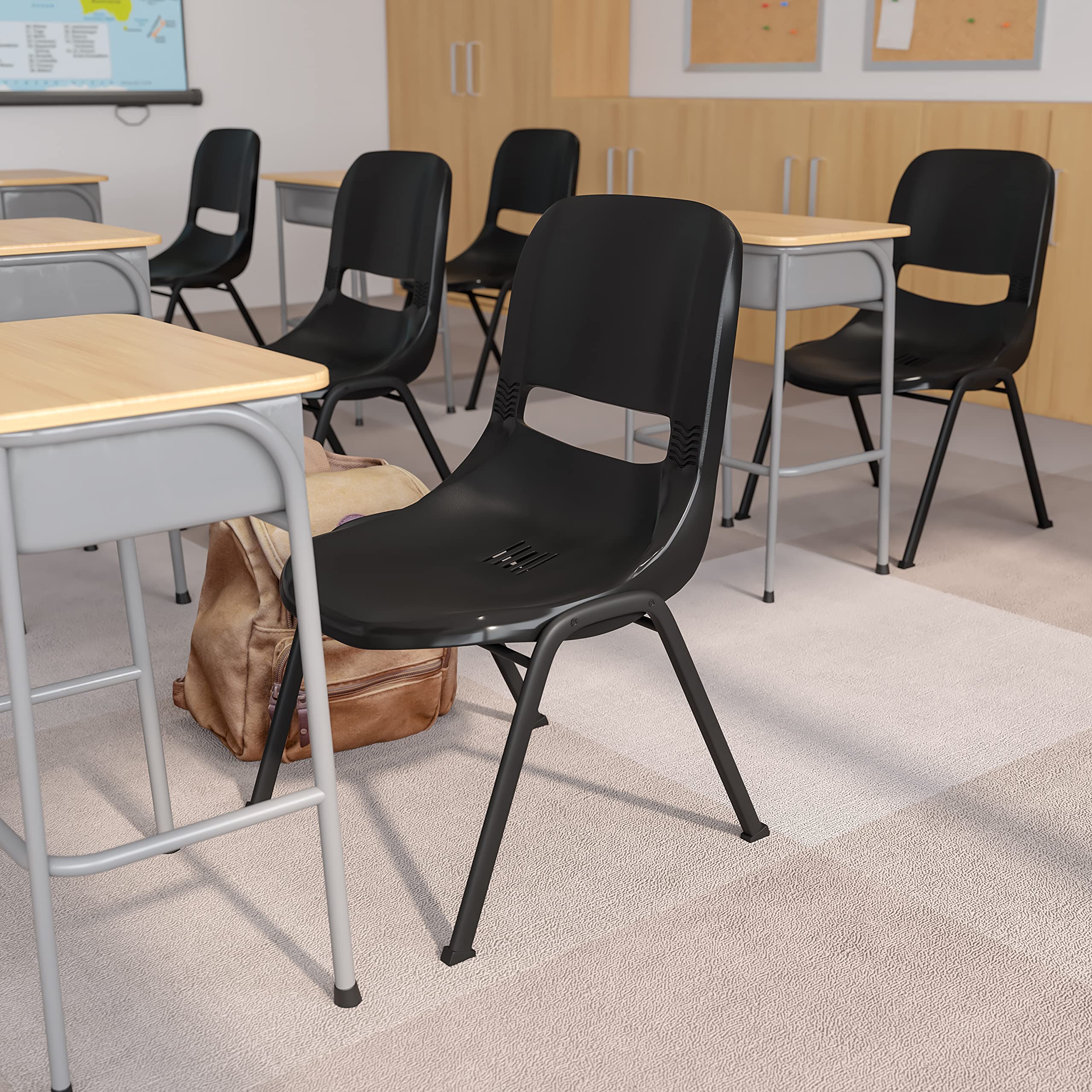 EMMA + OLIVER Black Ergonomic Shell Student Stack Chair - Comfortable Classroom & Office Guest Chair for School, Conference Room, and Home Study