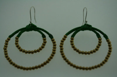 Double Brass Beaded Hoop Earrings with Emerald Stones - Elegant Dangle Jewelry for Women, Perfect for Parties, Weddings & Everyday Wear
