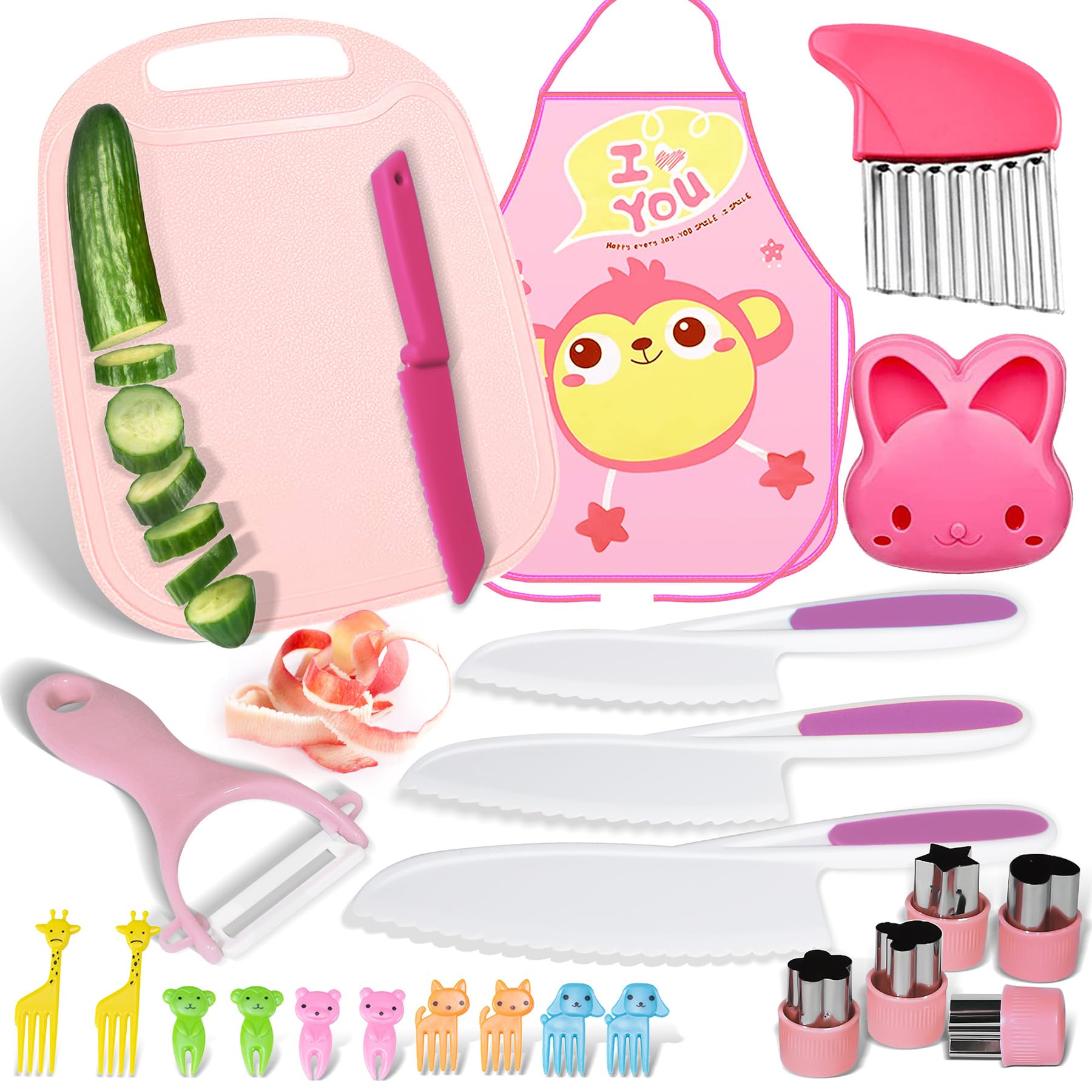Montessori Toddler Kitchen Knife Set - Safe Plastic Serrated Edge Kids Knives with Cutting Board for Real Cooking - Perfect for Early Learning and Family Meal Prep