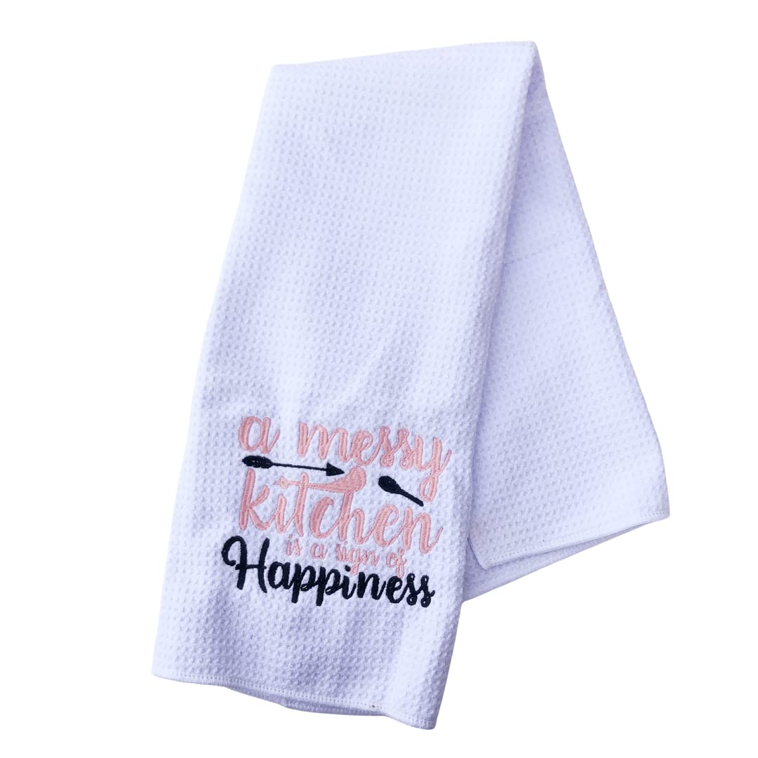Funny Embroidered Kitchen Towel - Sarcastic Housewife Quote Microfiber Dish Cloth - Pink & White Farmhouse Decor (Messy Kitchen Sign of Happiness) - Custom Colors - Perfect for Gifts, Home Decor & Humorous Kitchen Accessories