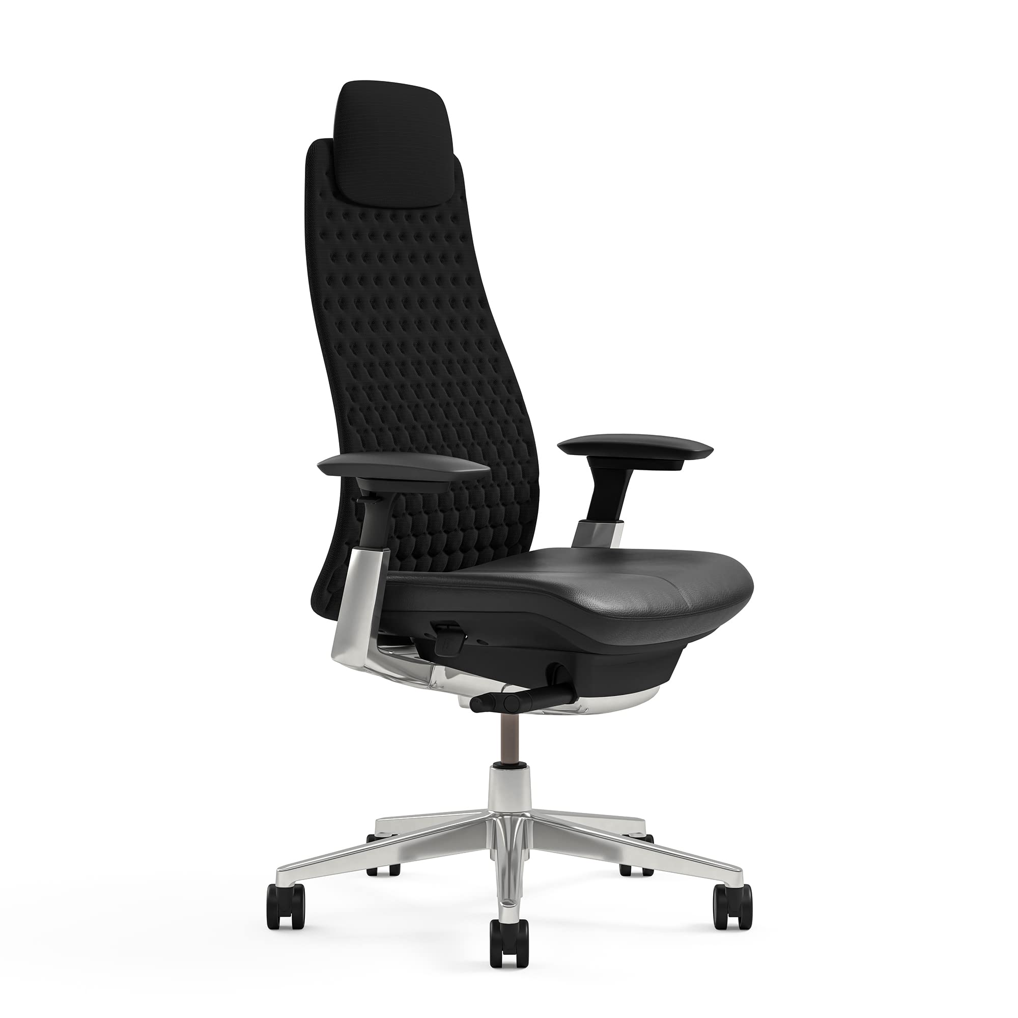 Haworth Fern Executive Office Chair - Ergonomic Desk Chair with Digital Knit Back & Leather Seat - Adjustable Headrest - Black - Perfect for Home Office, Conference Rooms & Corporate Workspaces