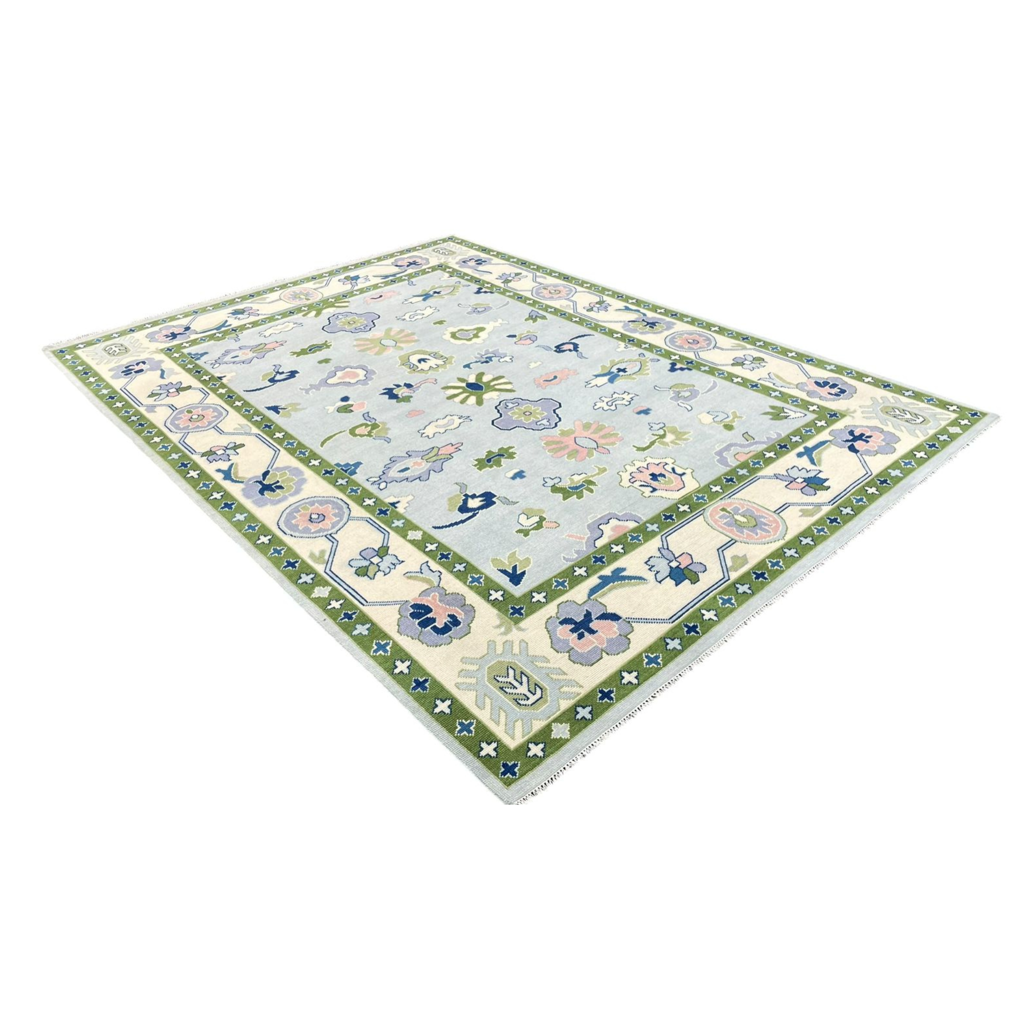 Handmade Byram Oushak Rug in Meadow Green - Authentic Turkish Wool Area Rug for Living Room, Bedroom & Dining Room Decor