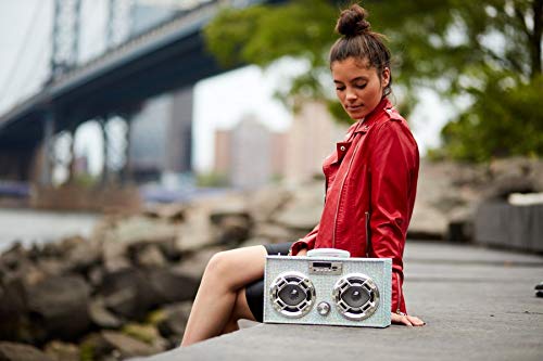 Retro Mini Boombox Bluetooth Speaker with LED Lights & Enhanced FM Radio - Portable Wireless Speaker for Home, Outdoor, Parties & Travel (Iridescent Bling) - Perfect for Room Decor, Beach Trips & Camping