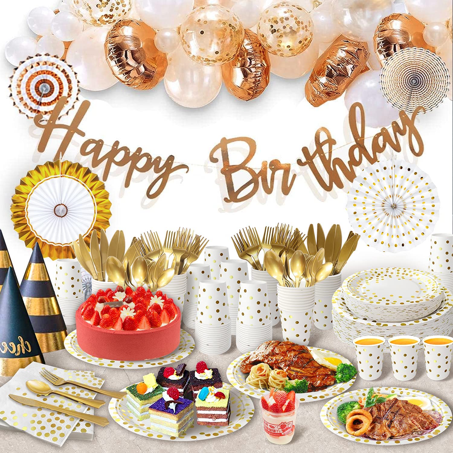 175PCS White and Gold Party Supplies Set - Disposable Dinnerware for 25 Guests with Gold Plastic Cutlery, Golden Dot Paper Plates, White Napkins & Cups - Perfect for Graduation, Birthday, Wedding Celebrations (Elegant Table Setting for Special Occasions)