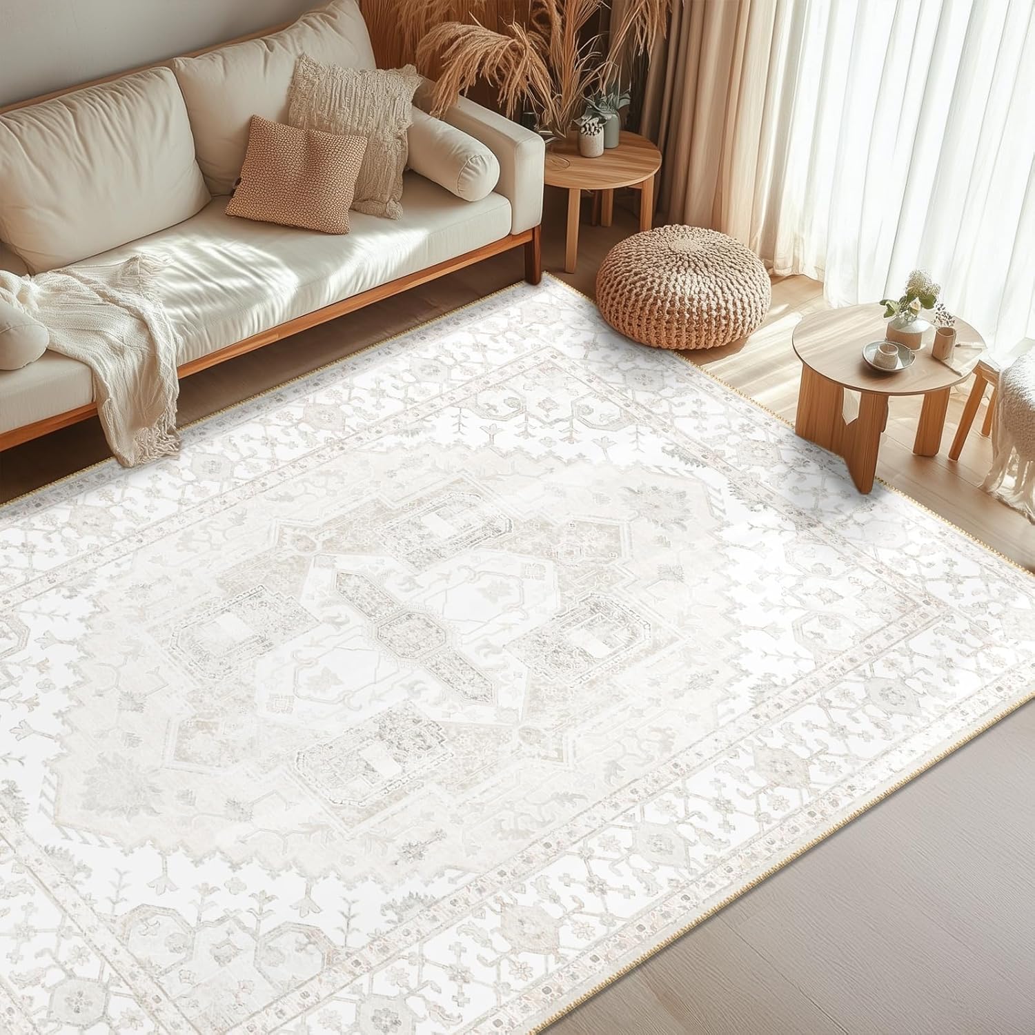 Custom Distressed Printed Washable Rugs - Multi Color Vintage Style Carpet Runner in Cream White | Perfect for Living Room, Bedroom & Home Decor