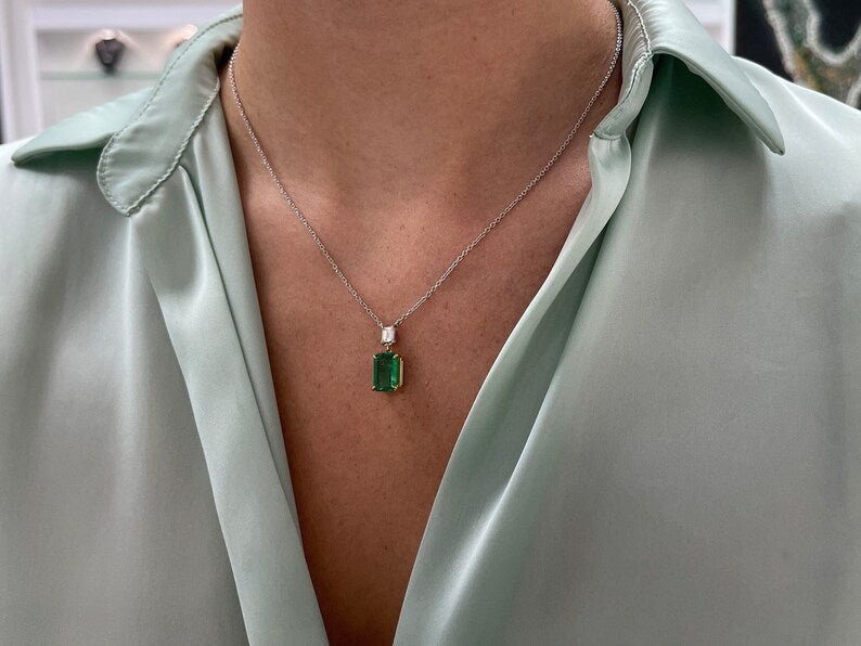 3.13tcw Genuine Dark Green Emerald Cut Diamond Necklace in 14K Two-Tone Gold - Elegant Jewelry for Weddings, Anniversaries & Special Occasions
