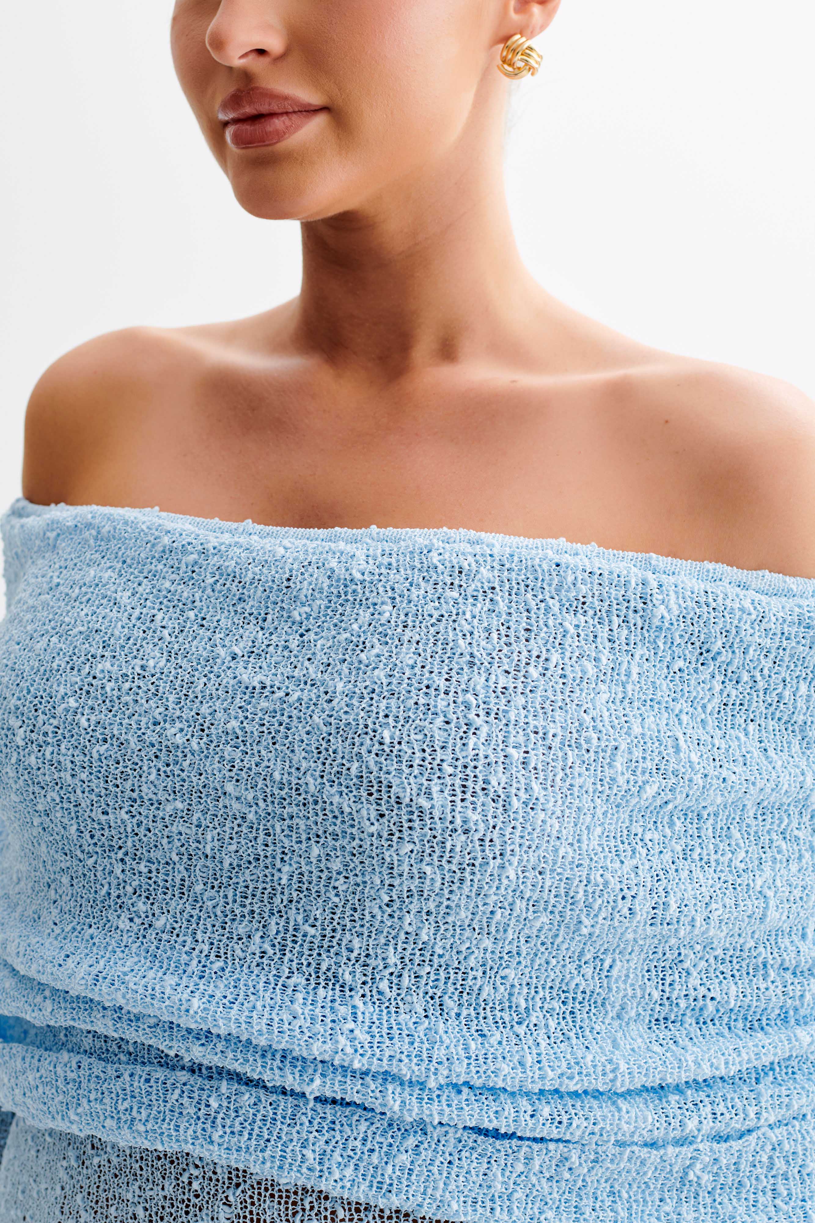 Marisol Off Shoulder Boucle Maxi Dress - Light Blue | Elegant Summer Beach Wedding & Party Outfit