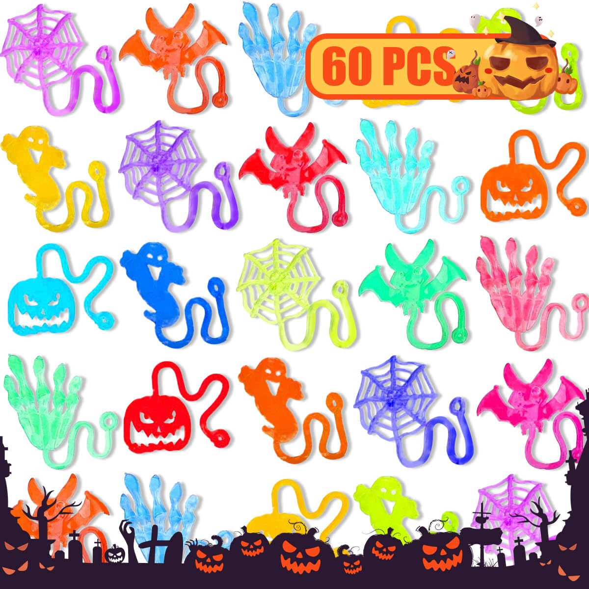 60 Pcs Halloween Sticky Hand Toys for Kids - Stretchy Skeleton, Bat, Ghost & Pumpkin Party Favors for Trick or Treat, Classroom Prizes, Goodie Bags & Halloween Party Games