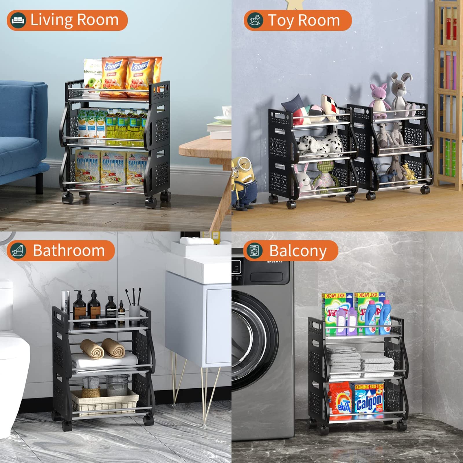 2/3/4/5/6 Tier Rolling Stackable Metal Storage Organizer Cart with Wheels - Multi-Purpose Kitchen Pantry Closet Bedroom Bathroom Garage Organizer for Fruits, Vegetables & Household Items (50cm/19.68in) - Perfect for Small Space Organization & Easy Mobility