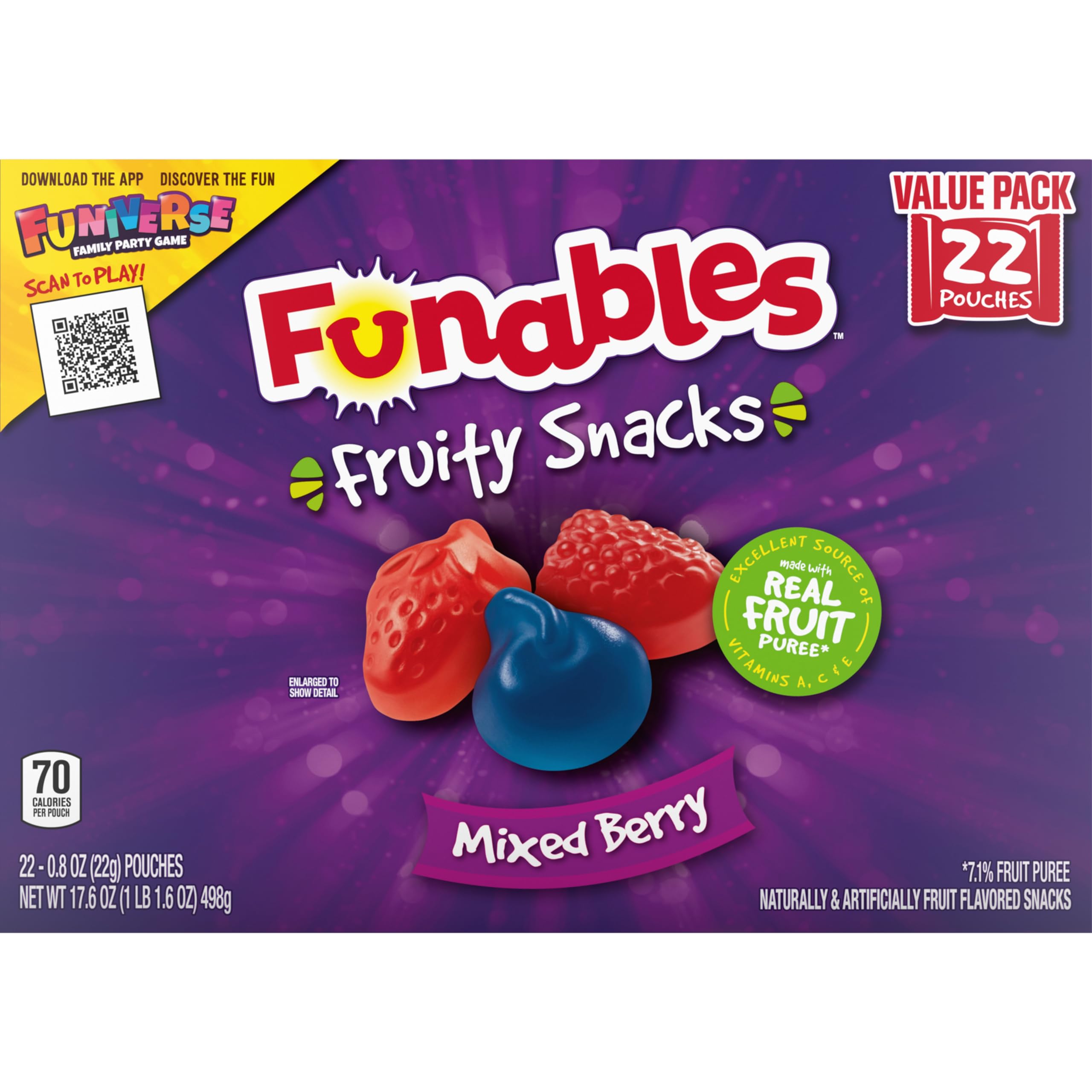 Funables Mixed Berry Flavored Fruity Snacks - 0.8 oz (22 Count) | Healthy Kids Snacks for Lunch Box, School, Parties & On-the-Go