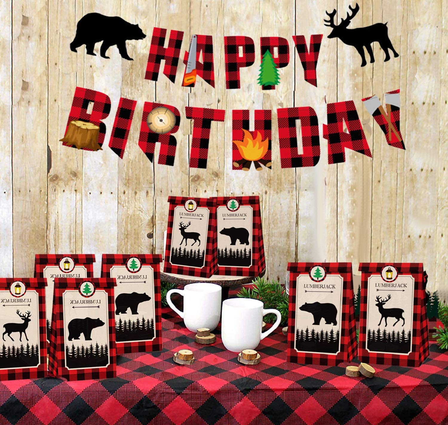 13 PCS Lumberjack Birthday Party Supplies Set - Woodland Themed Banner, Favor Bags & Decorations for Baby Shower, 1st Birthday or Outdoor Adventure Party Decor