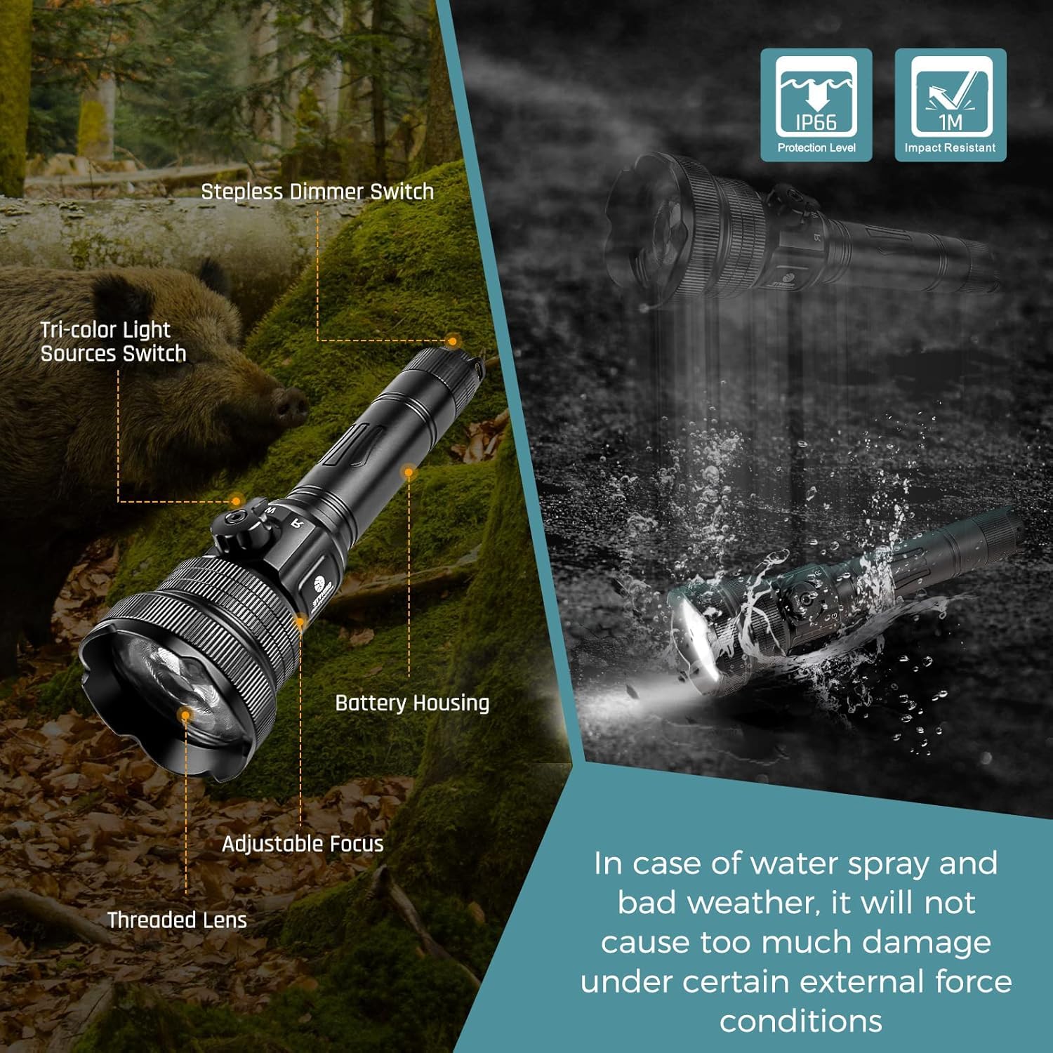 Brinyte T28 LED Zoomable Hunting Flashlight - 3 in 1 Color (Red, Green, White) with Pressure Switch Mount, IPX6 Waterproof for Hog, Coon & Coyote Hunting - Perfect for Night Hunting, Camping and Outdoor Adventures