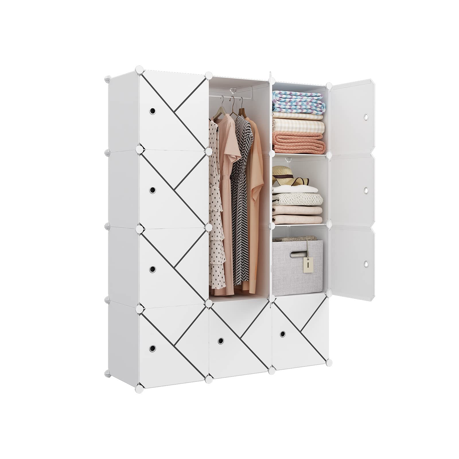 MAGINELS 12-Cube Portable Wardrobe Closet Organizer - White Fabric Storage Cabinet for Bedroom, Clothes, Shoes & Accessories | Space-Saving Armoire for Small Apartments, Dorms & Closet Organization