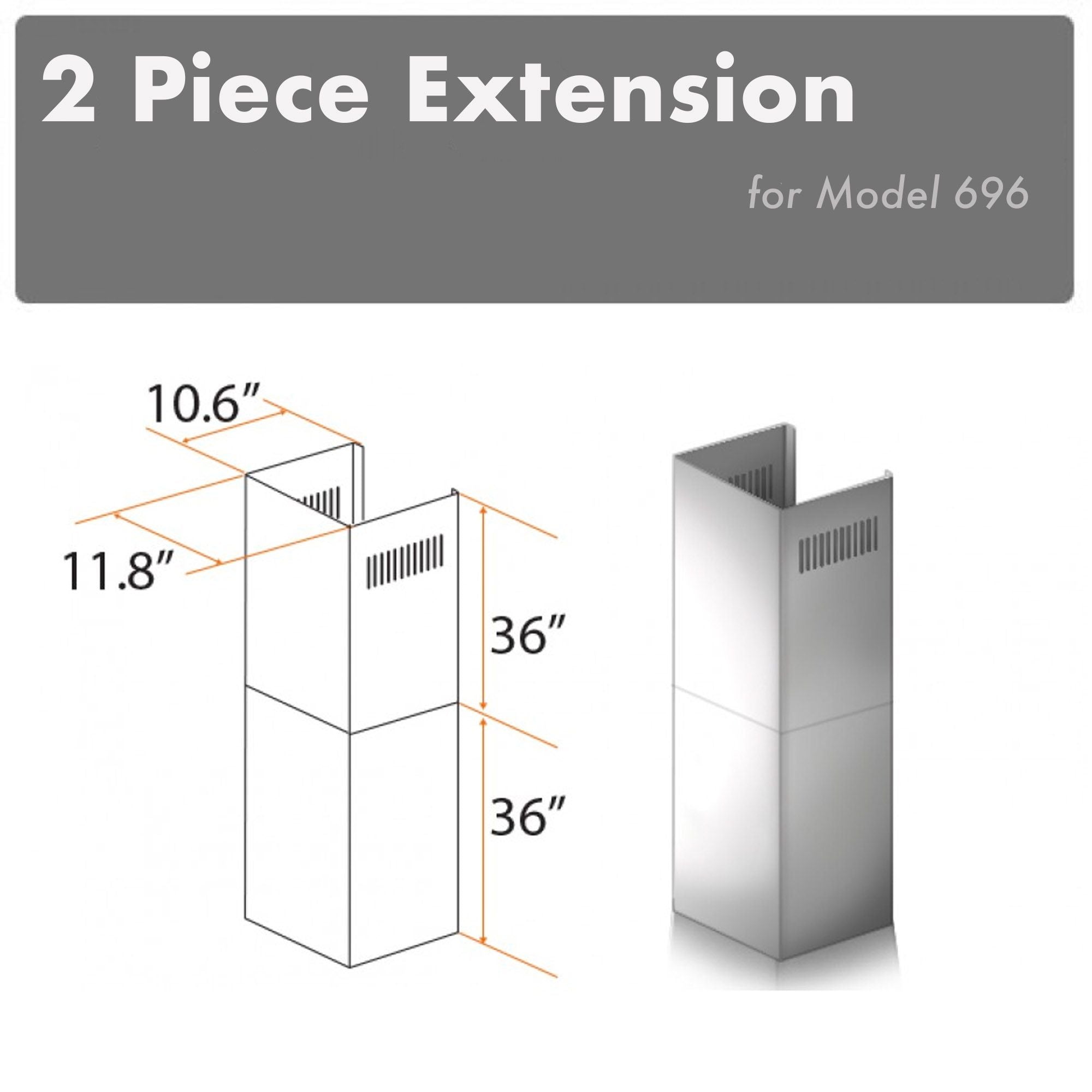 ZLINE 2-Piece 36-Inch Chimney Extension Kit for 10-12 Foot Ceilings - Compatible with Range Hoods (Model 2PCEXT 696) - Perfect for Kitchen Ventilation & High Ceiling Installations