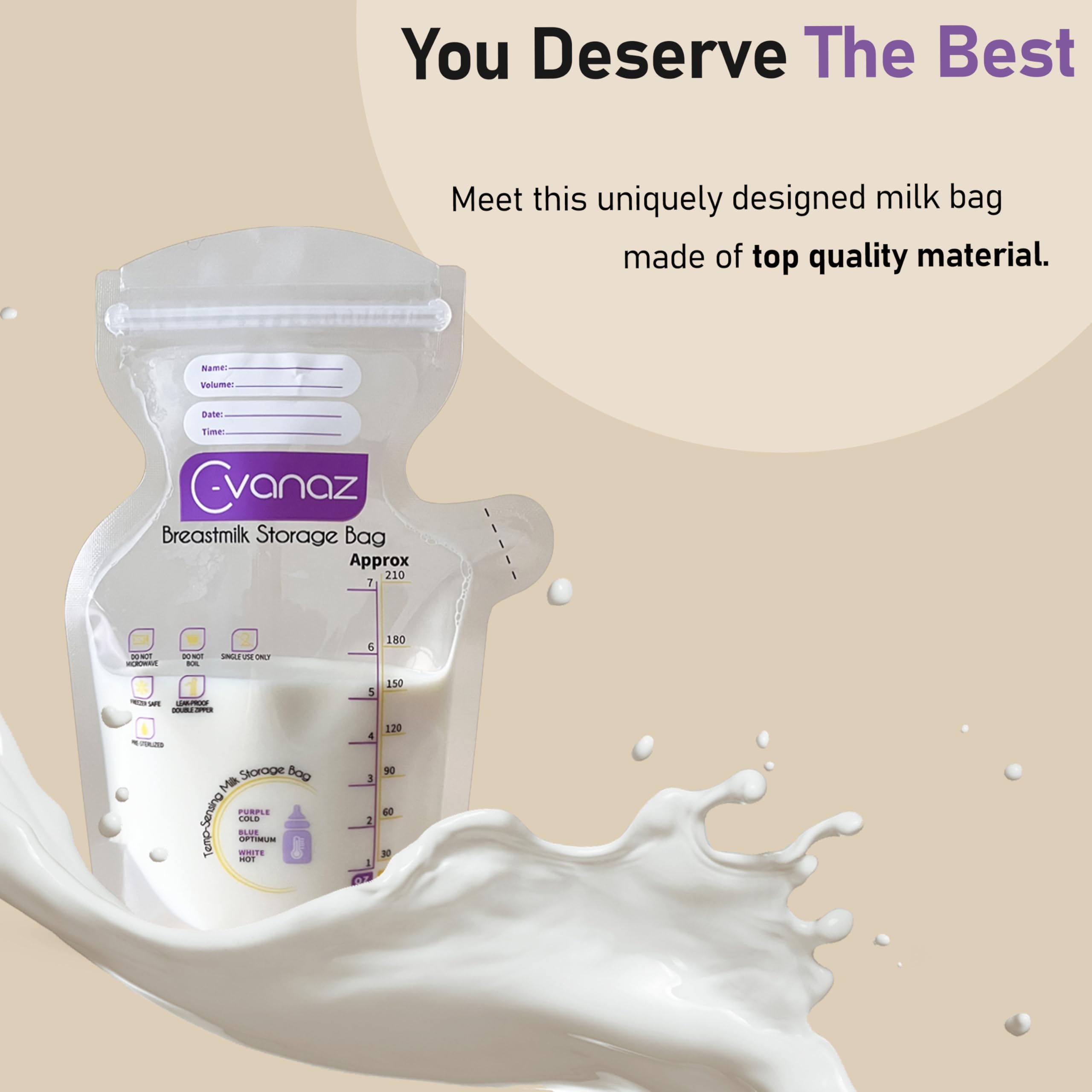 120 Count Breastmilk Storage Bags - 7Oz/210ml Leakproof Freezer Bags with Temperature Indicator | Self-Standing, Pre-Sterilized & Extra Thick for Easy Pouring | Ideal for Nursing Moms, Travel & Long-Term Milk Storage