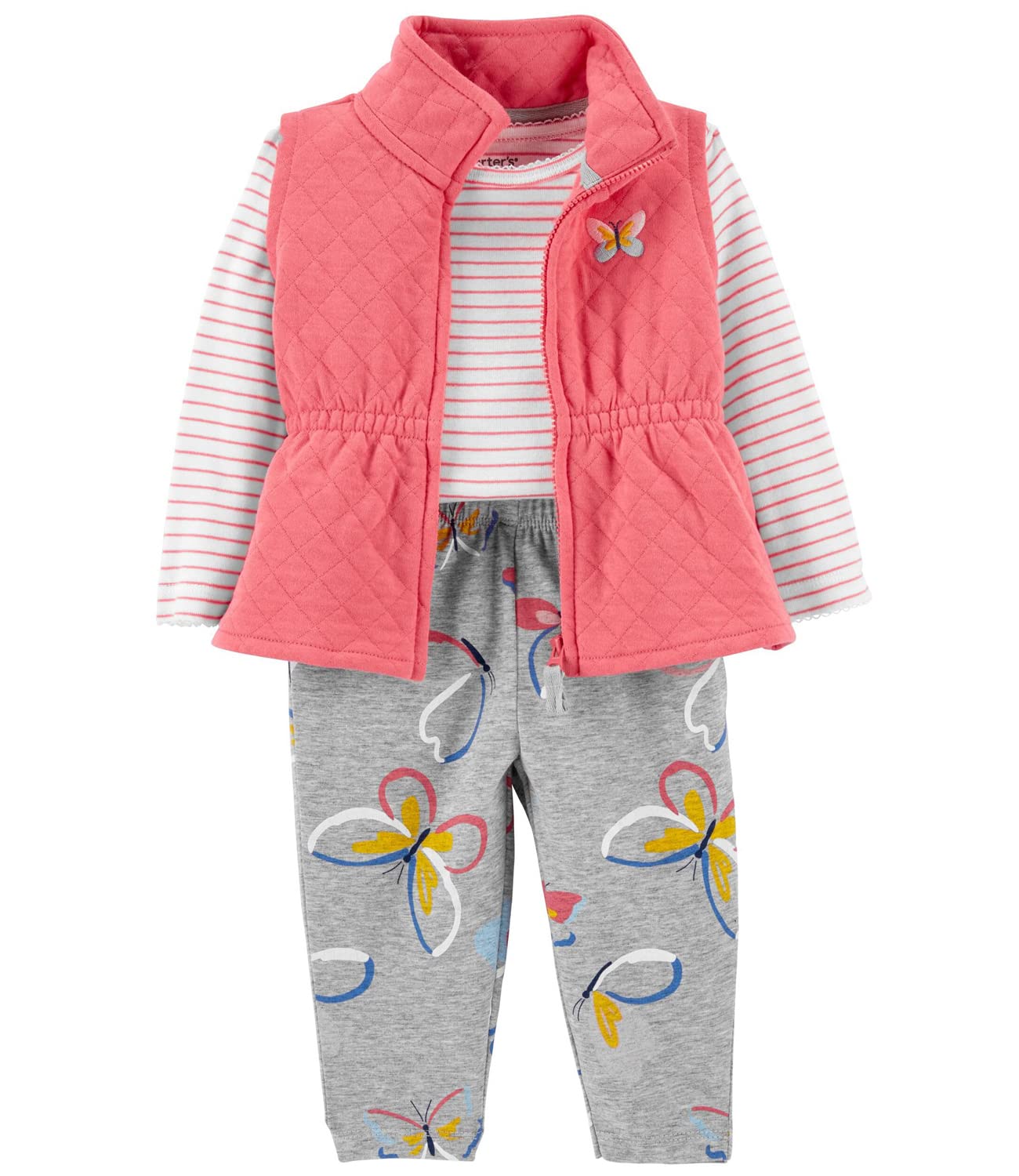 Carters Baby Girls 3-Piece Vest & Jacket Set - Newborn Baby Pink/Heather Butterfly Outfit - Perfect for Photoshoots, Birthday Parties & Special Occasions
