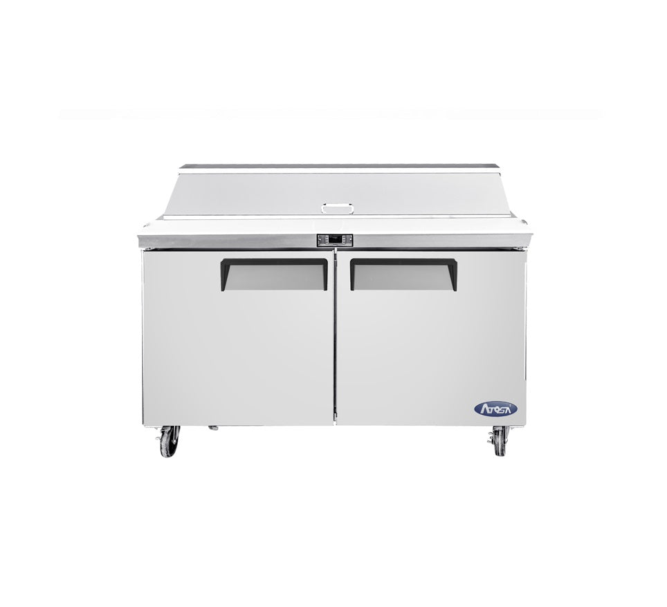 Atosa MSF8302 Commercial Double Door Sandwich Prep Refrigerator - Stainless Steel Work Table with Storage for Deli, Bakery & Restaurant Use