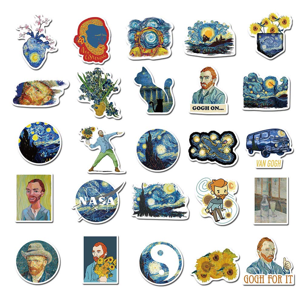 40Pcs Van Gogh The Starry Night & Sunflowers Waterproof Vinyl Stickers - Art Decals for Water Bottles, Laptops, Bikes, Skateboards, Luggage & DIY Crafts | Perfect for Home Decor, School Supplies & Gift Giving