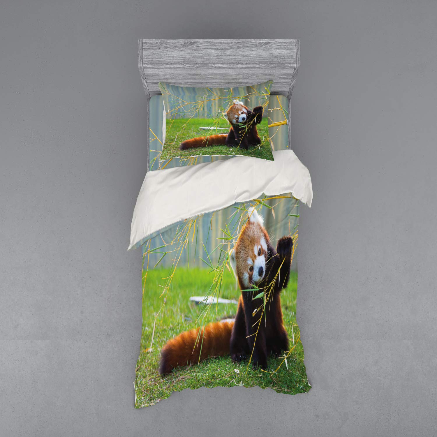 Ambesonne Panda Duvet Cover Set - 3 Piece Twin Size Bedding with Sham & Fitted Sheet, Wild Animal Meadow Scene in Himalayas, Brown & Red - Perfect for Kids Rooms, Jungle Themed Decor & Cozy Bedroom Makeovers