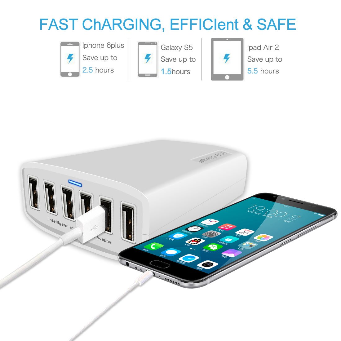 60W 12A 6-Port USB Desktop Charging Station - Fast Multi-Port USB Hub Charger for iPhone, Samsung, iPad, Tablets & Smartphones - Perfect for Home, Office & Travel Charging Needs