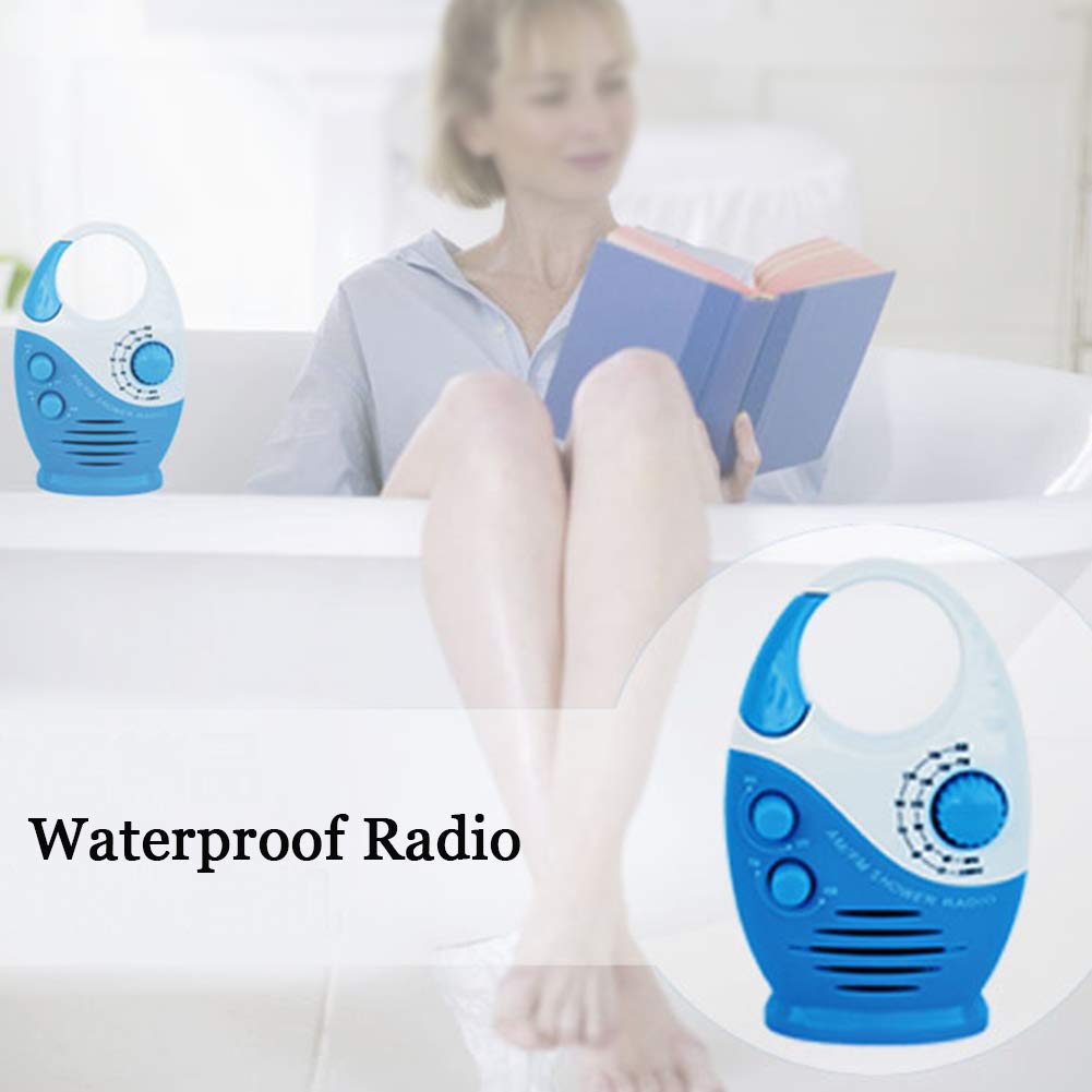 UXELY Waterproof Shower Radio with AM/FM, Adjustable Volume & Built-in Speaker - Perfect for Bathroom, Poolside, Beach & Outdoor Use (White Blue)