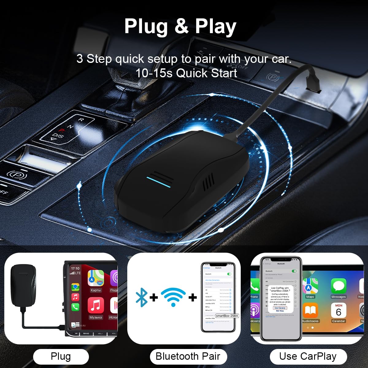 Wireless CarPlay Adapter for iPhone - 5GHz WiFi Auto Connect Bluetooth CarPlay Dongle Plug & Play for Cars 2015+ (Black) - Perfect for Hands-Free Calling, Music Streaming & GPS Navigation While Driving