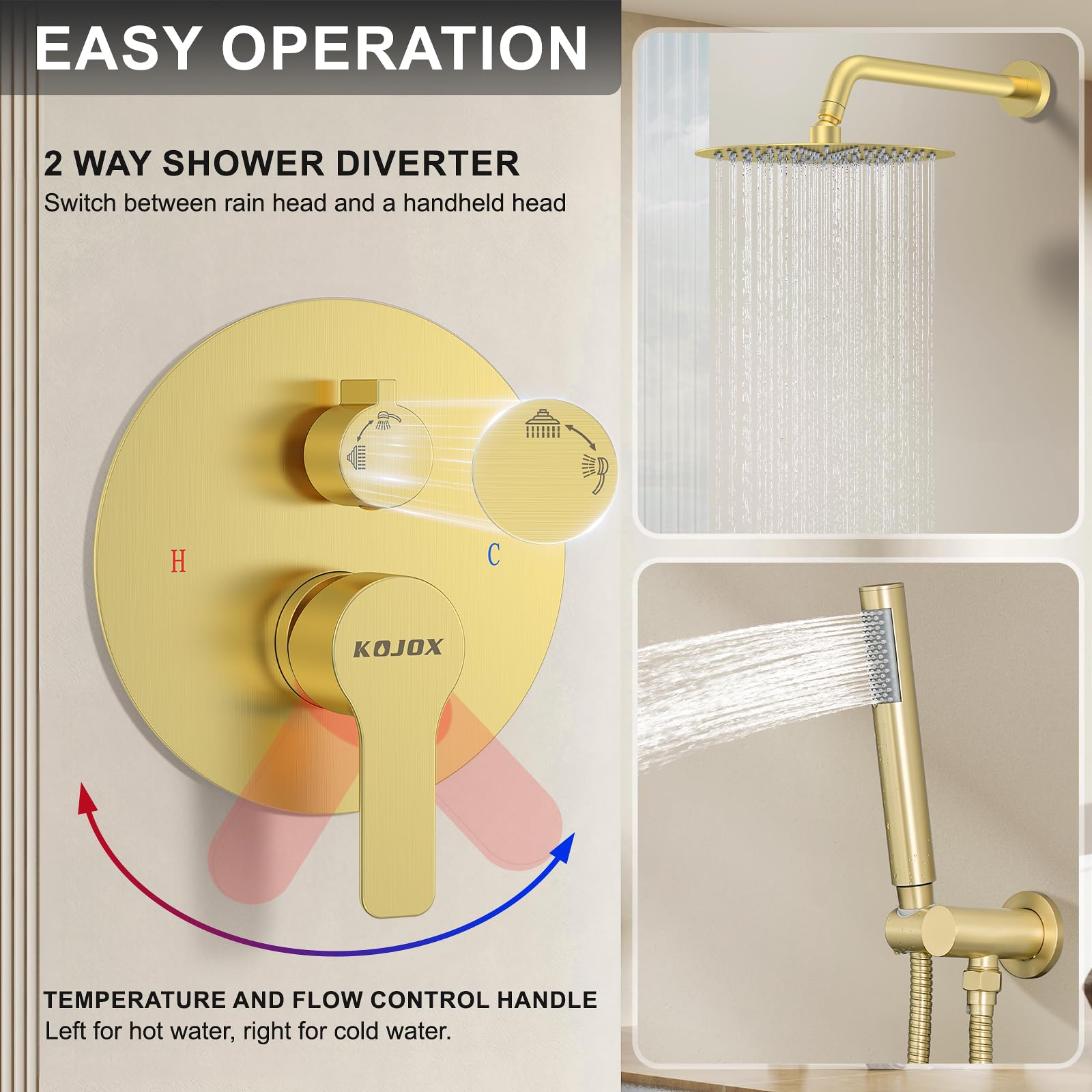 10 Inch Brushed Gold Shower System - High Pressure Rain Shower Head & Handheld Shower Combo with Wall Mounted Mixer Faucet, Rough-in Valve & Trim Kit | Luxury Bathroom Upgrade for Spa-Like Experience