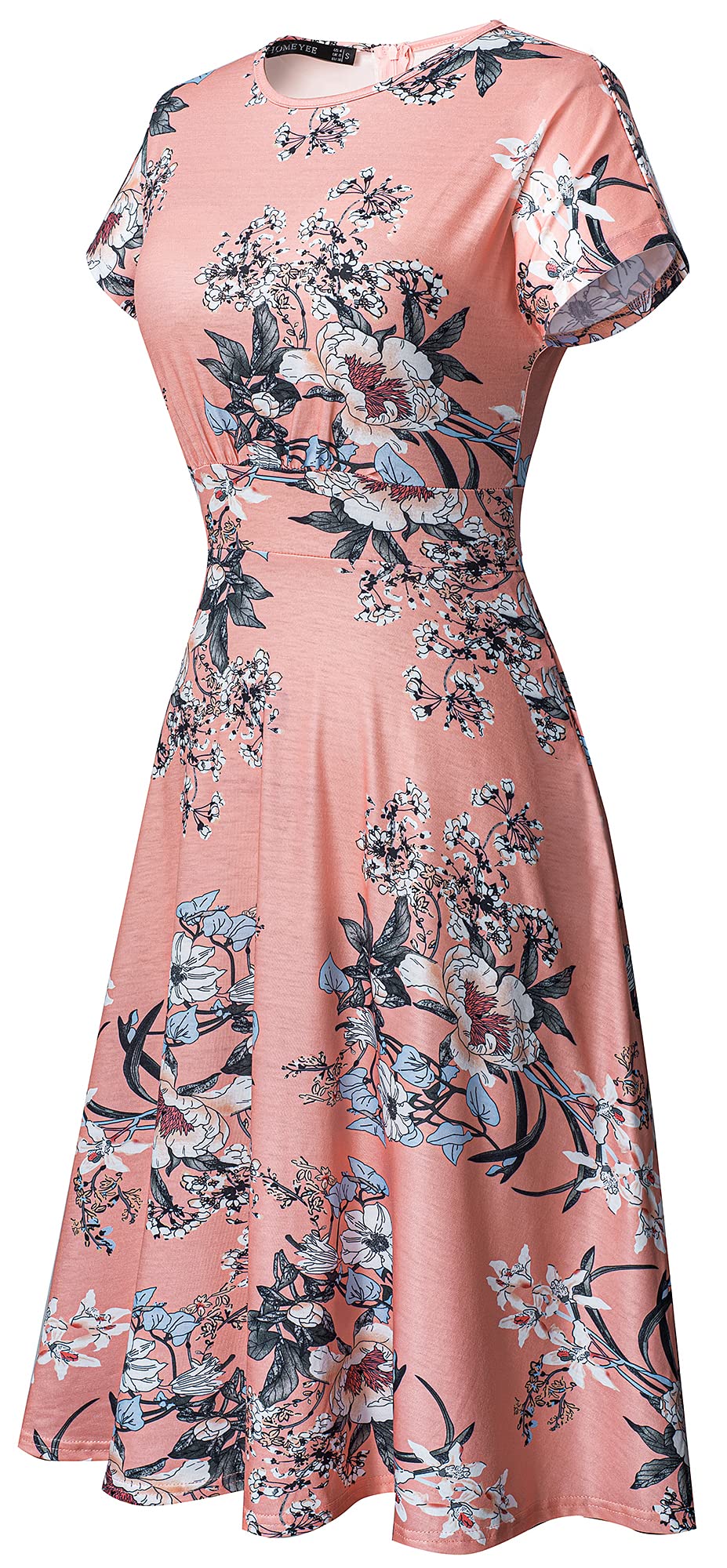 HOMEYEE Women's Floral Short Sleeve A-Line Midi Dress - Casual Summer Dress for Women, Size 8, Pink Floral Print - Perfect for Beach Vacations, Brunch Dates & Outdoor Parties