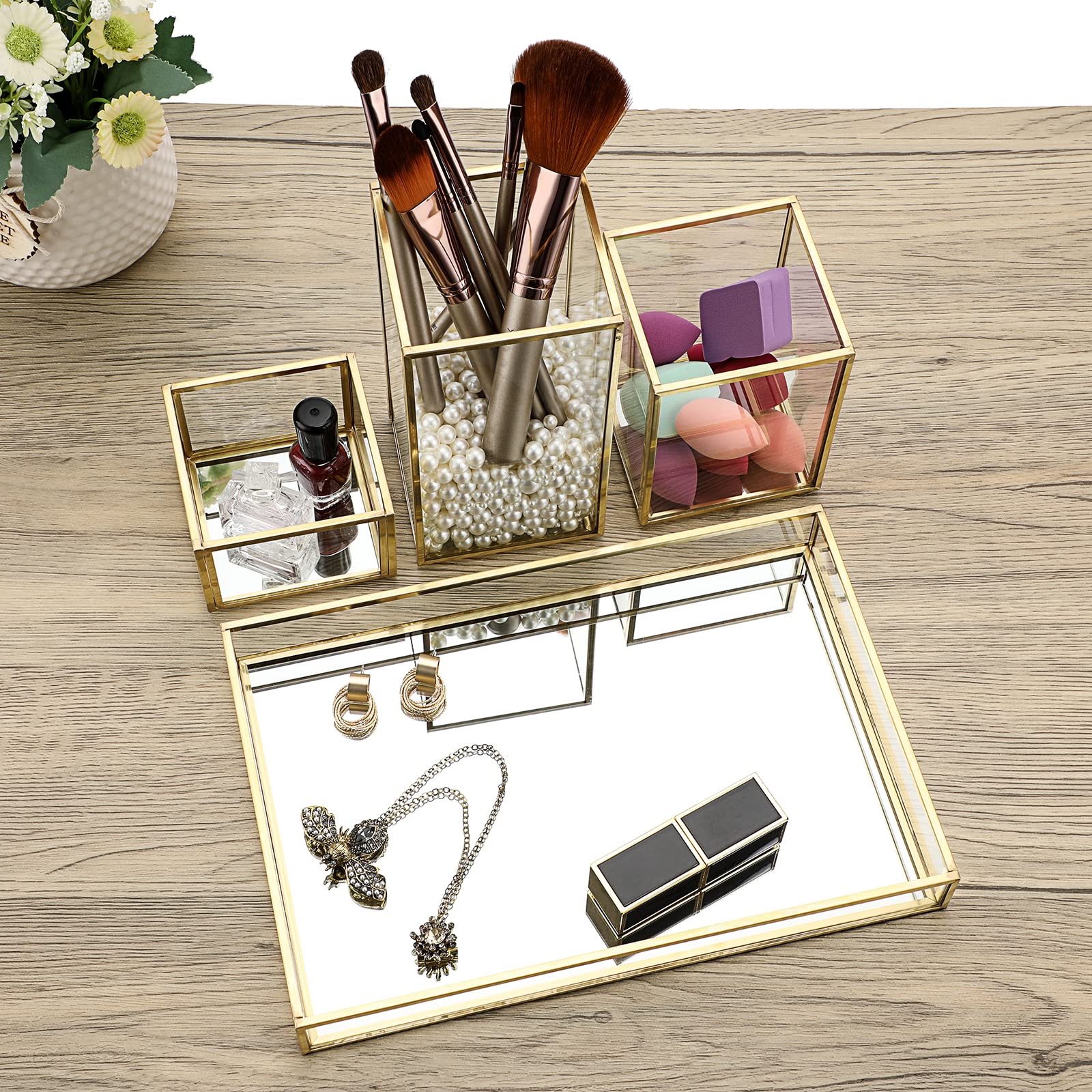 Tolida Gold Glass Cosmetic Organizer Set - Stackable Makeup Brush Holder, Jewelry Tray & Vanity Mirror Tray | Perfect for Dresser, Bathroom & Bedroom Organization | Elegant Storage Solution for Makeup Brushes, Eyeliners, Pens & Accessories