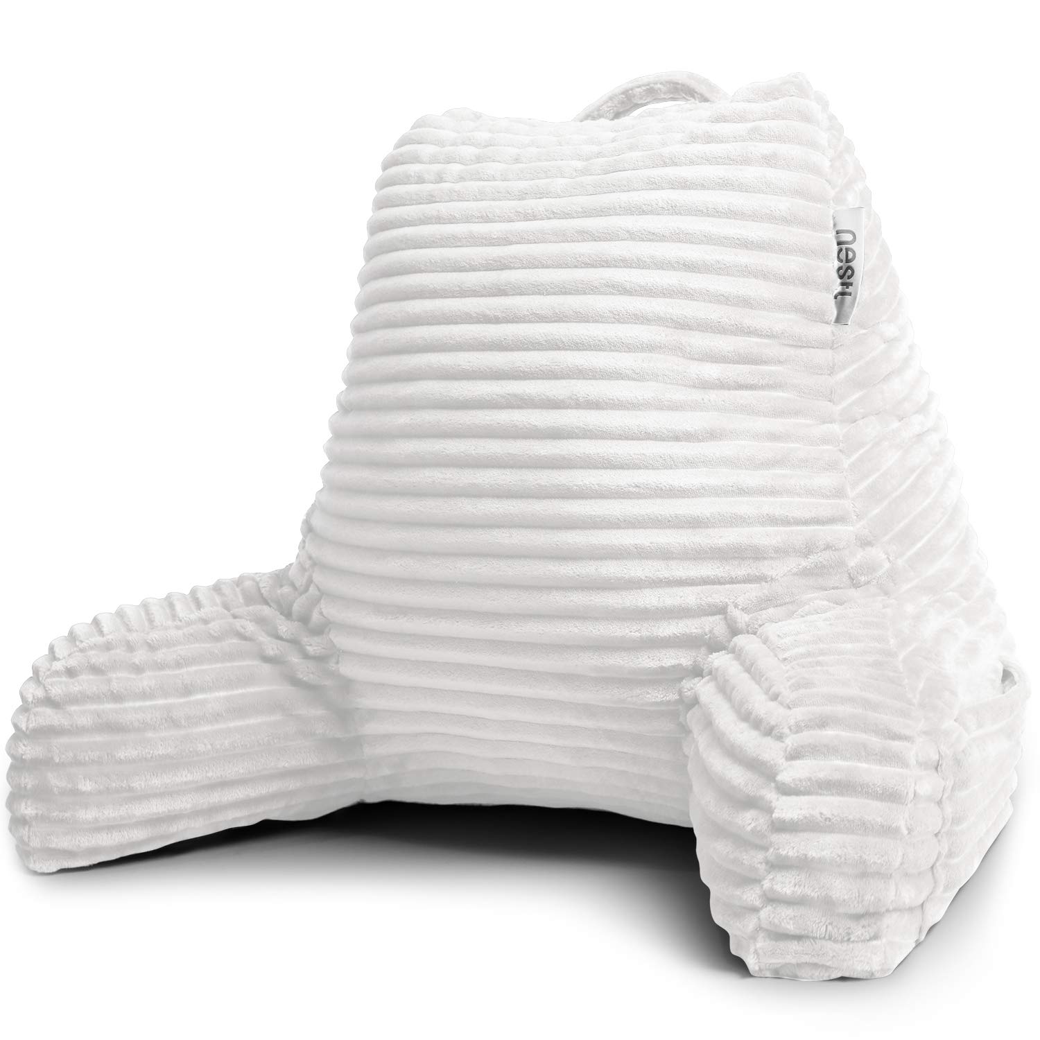 Nestl Reading Pillow for Adults - Plush Back Support Pillow with Shredded Memory Foam, Armrests & Storage Pockets - Perfect for Reading in Bed, Watching TV or Relaxing - White Bed Rest Pillow