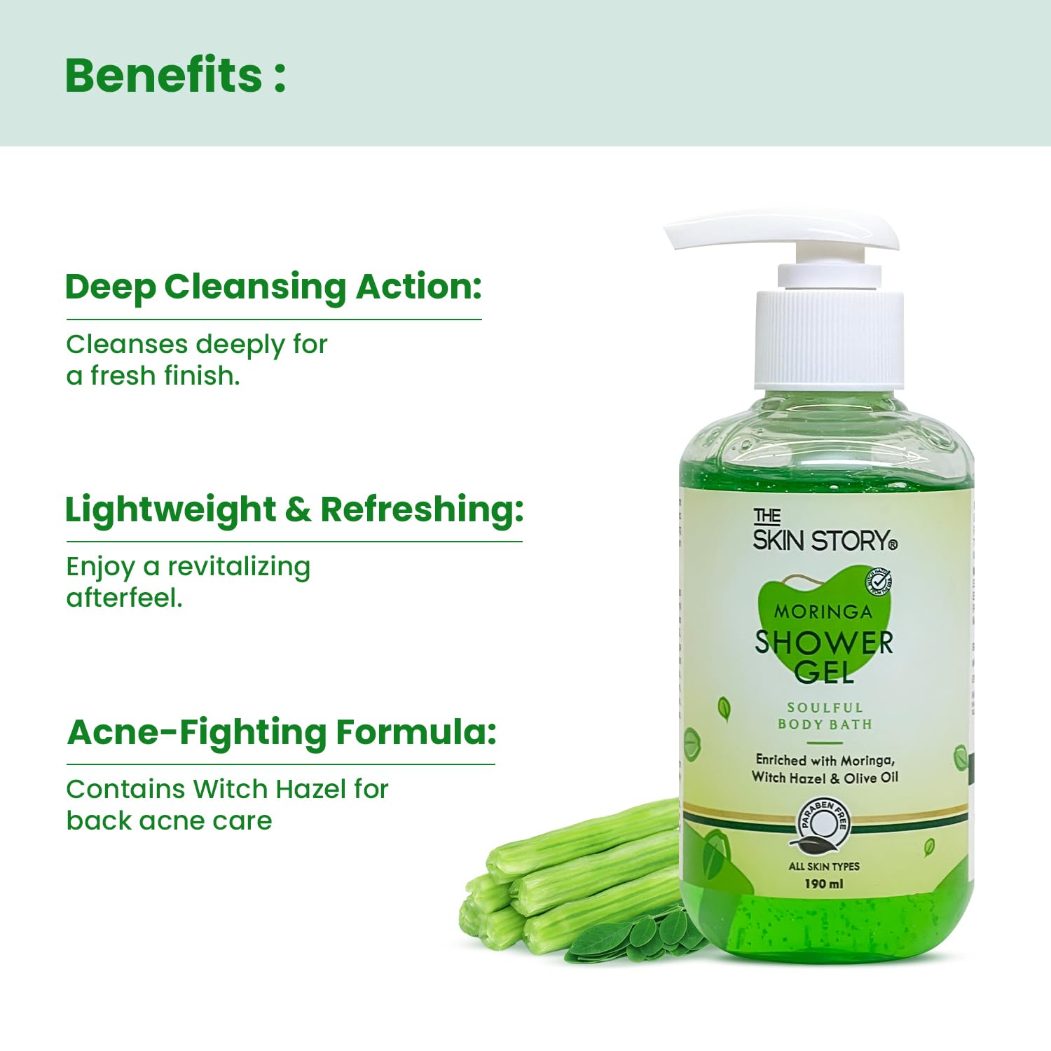 The Skin Story Reviving Body Wash Shower Gel with Moringa & Olive Oil - Antioxidant Rich, Paraben Free 190ml | Moisturizing & Nourishing for Soft, Smooth Skin | Perfect for Daily Shower & Spa Relaxation at Home