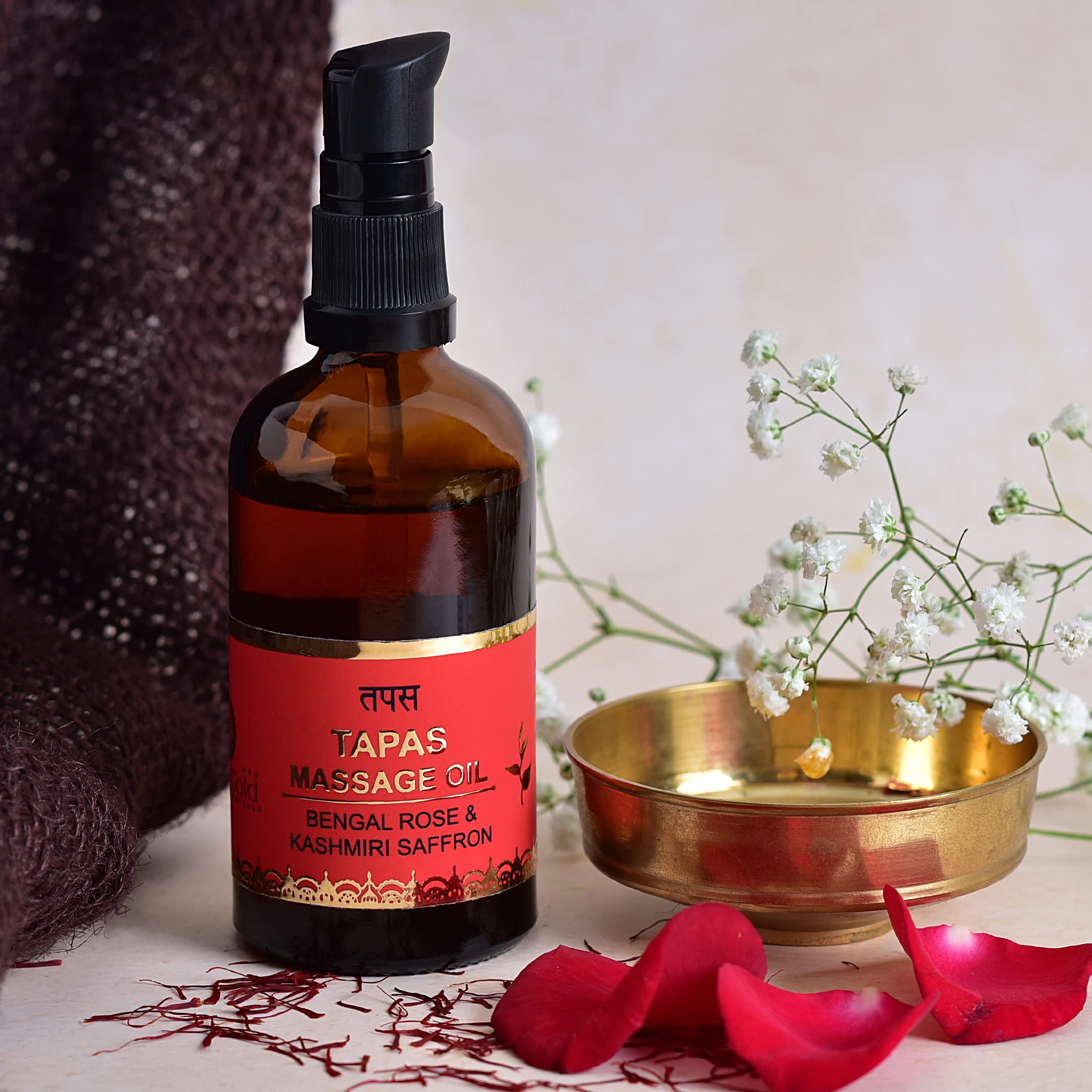 Luxurious Tapas Body Massage Oil - 100% Natural Bengal Rose & Saffron Infusion - 100ML | Ancient Ayurvedic Recipe for Deep Hydration & Relaxation | Perfect for Couples Massage, Spa Nights & Self-Care Rituals