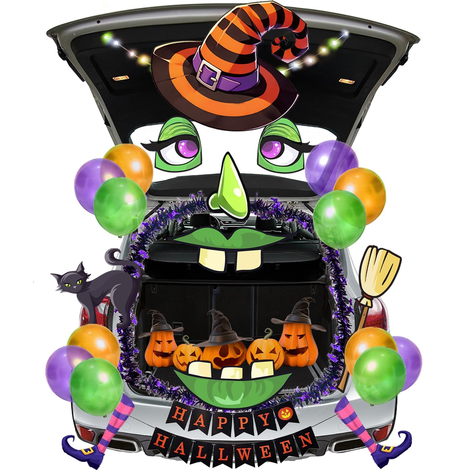 29Pcs Halloween Trunk or Treat Car Decorations Kit - Witch Theme SUV Decor with Banner, Lights & Garland for Halloween Party, Garage Door & Entryway Decorations | Perfect for Halloween Car Show, Neighborhood Trick or Treat & Spooky Home Decor
