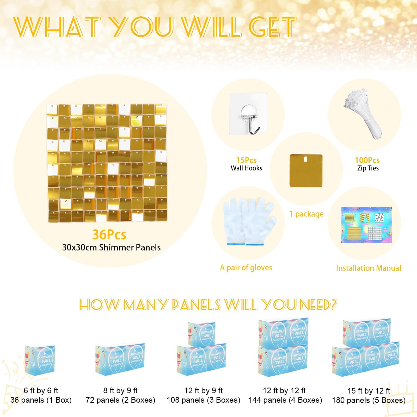 6x6ft Gold Sequin Wall Backdrop - Elegant Square Shimmer Party Decor for Bridal Showers, Birthdays & Bachelorette Parties | Perfect for Wedding Decorations, Photo Booths & Event Backgrounds