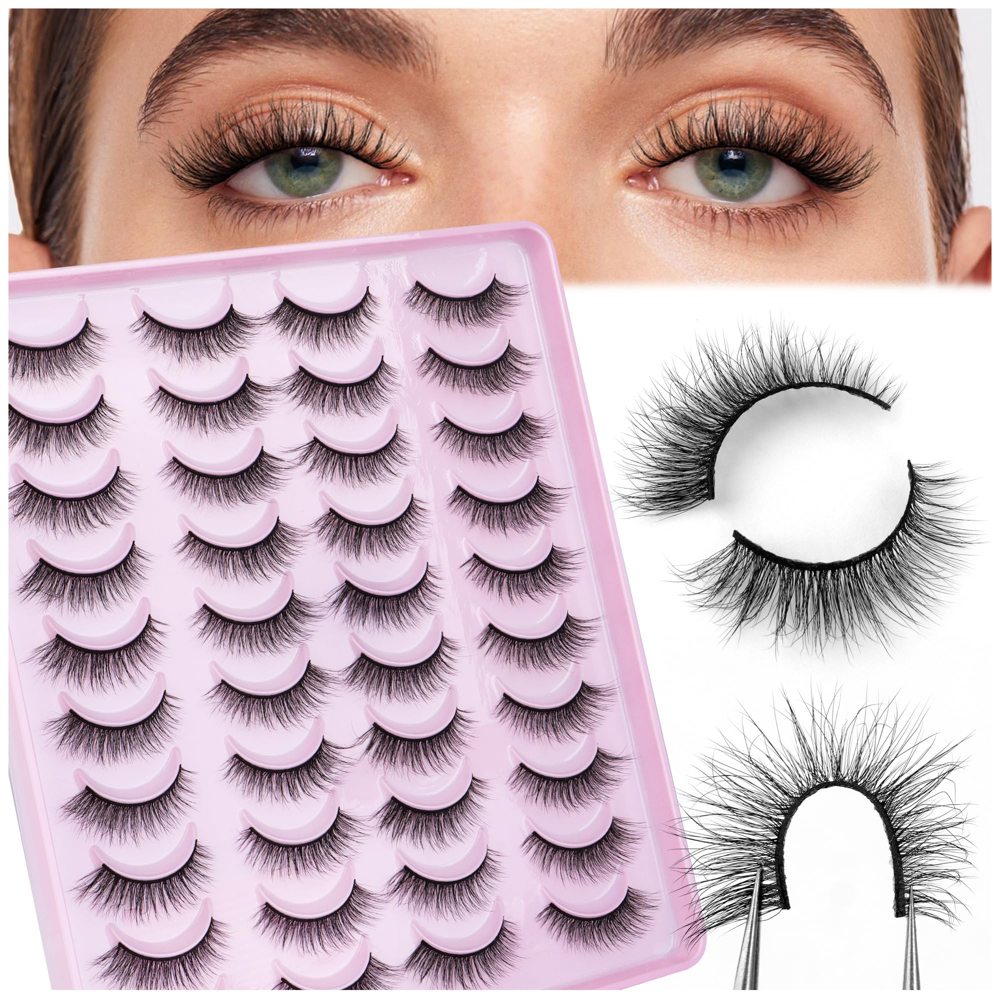 Natural Look False Eyelashes 20 Pairs - Wispy Fluffy Faux Mink Lashes, Soft Reusable Cat Eye Strip Lashes (HS01) | Perfect for Daily Wear, Parties, Weddings & Special Occasions