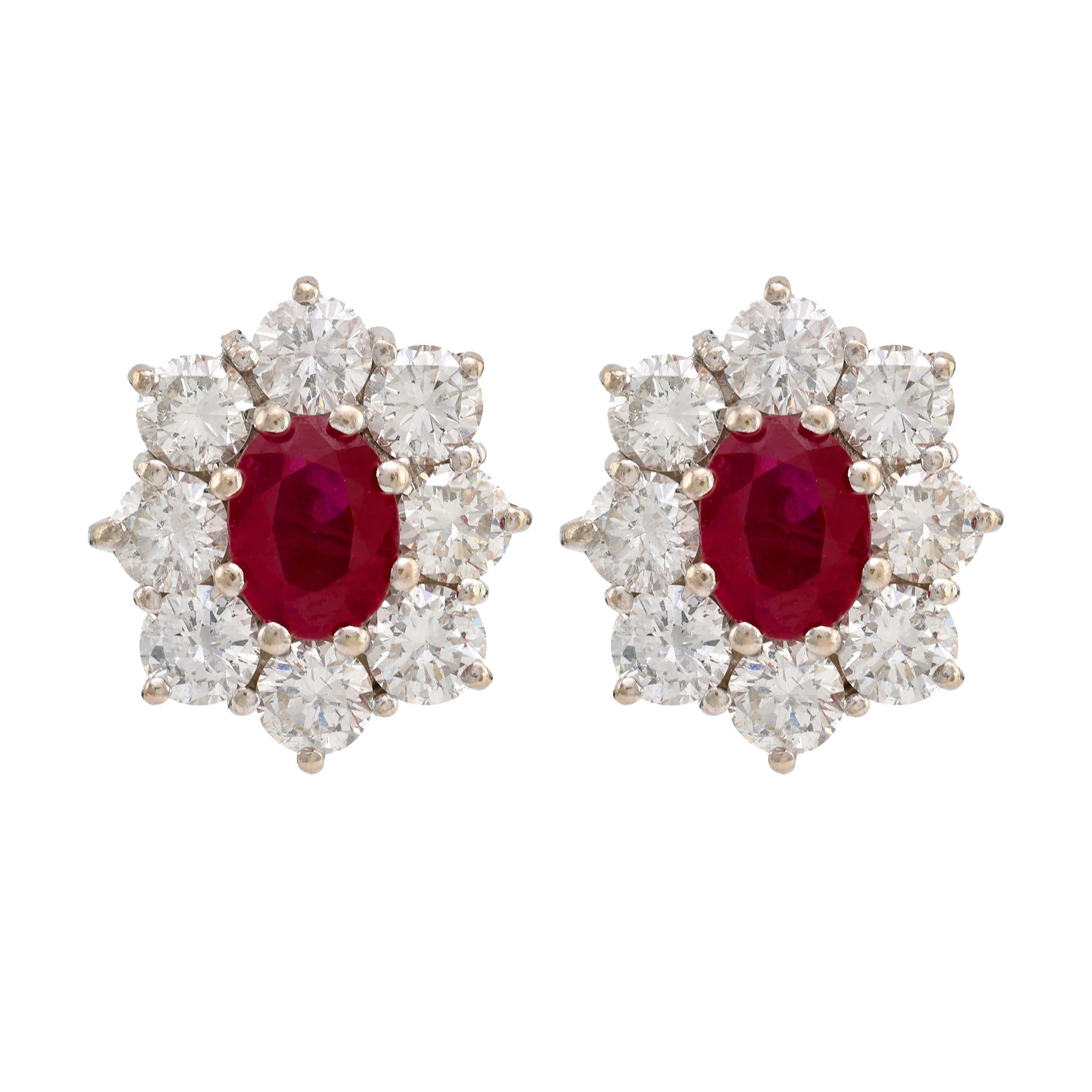 Vintage GIA Certified Burma Ruby and Diamond 18K White & Yellow Gold Cluster Earrings for Women - Perfect for Weddings, Anniversaries & Special Occasions