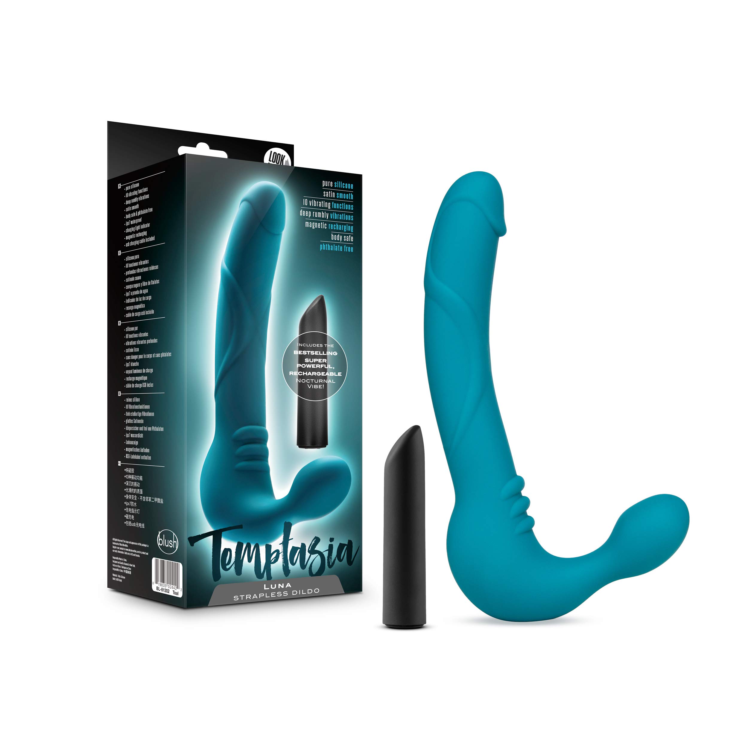 Blush Novelties Temptasia Luna Strapless Strap-On Silicone Dildo - Double Ended Vibrating Dildo for Women & Couples - Waterproof & Body-Safe Teal Sex Toy - Perfect for Solo Play, Couples Bonding & LGBTQ+ Intimacy