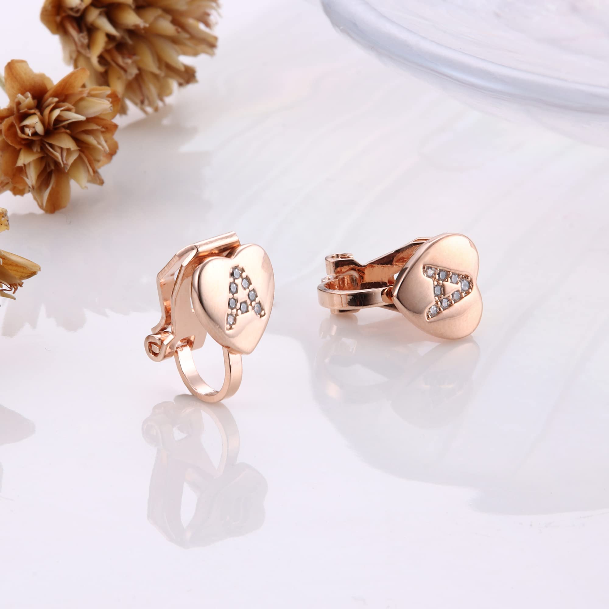 FUNRUN JEWELRY Rose Gold Plated Heart Initial Clip-On Stud Earrings for Women - Dainty Alphabet Letters A-Z Non-Pierced Earrings | Perfect for Gifts, Parties & Everyday Wear