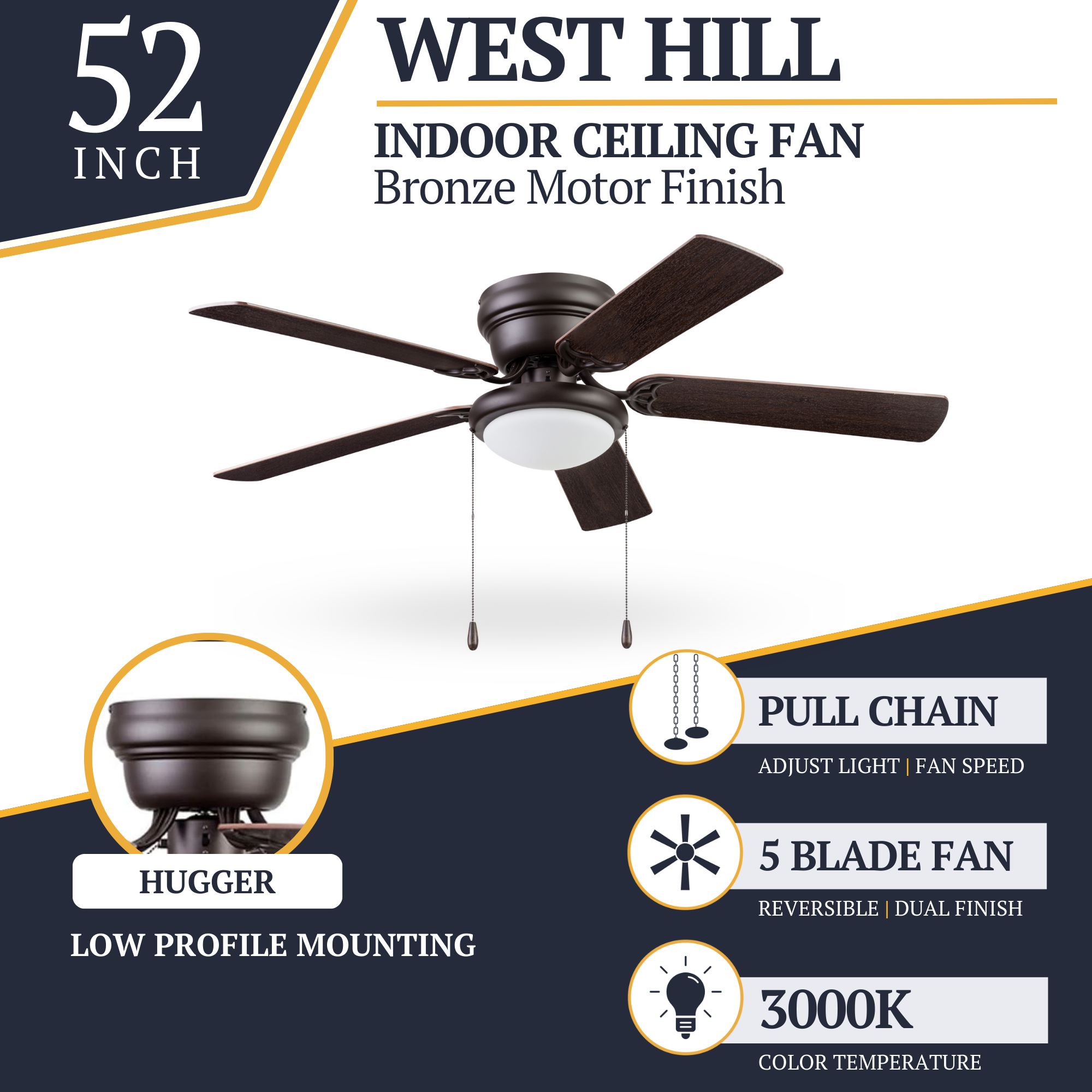 52 Inch West Hill Sienna Ceiling Fan with Pull Chain - Modern Indoor Ceiling Fan for Living Room, Bedroom, and Office - Energy Efficient with Quiet Operation