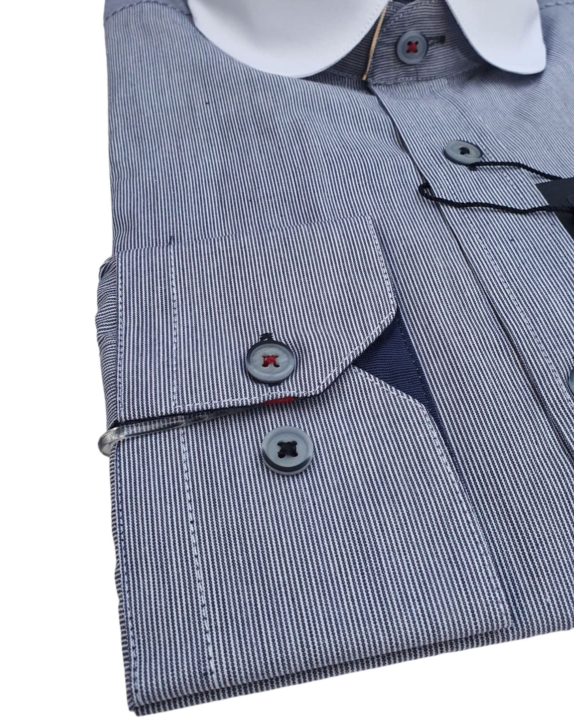Vintage 1920s Cavani Men's Navy Striped Penny Round Collar Shirt - Retro Style Casual & Formal Wear for Parties, Weddings, and Themed Events